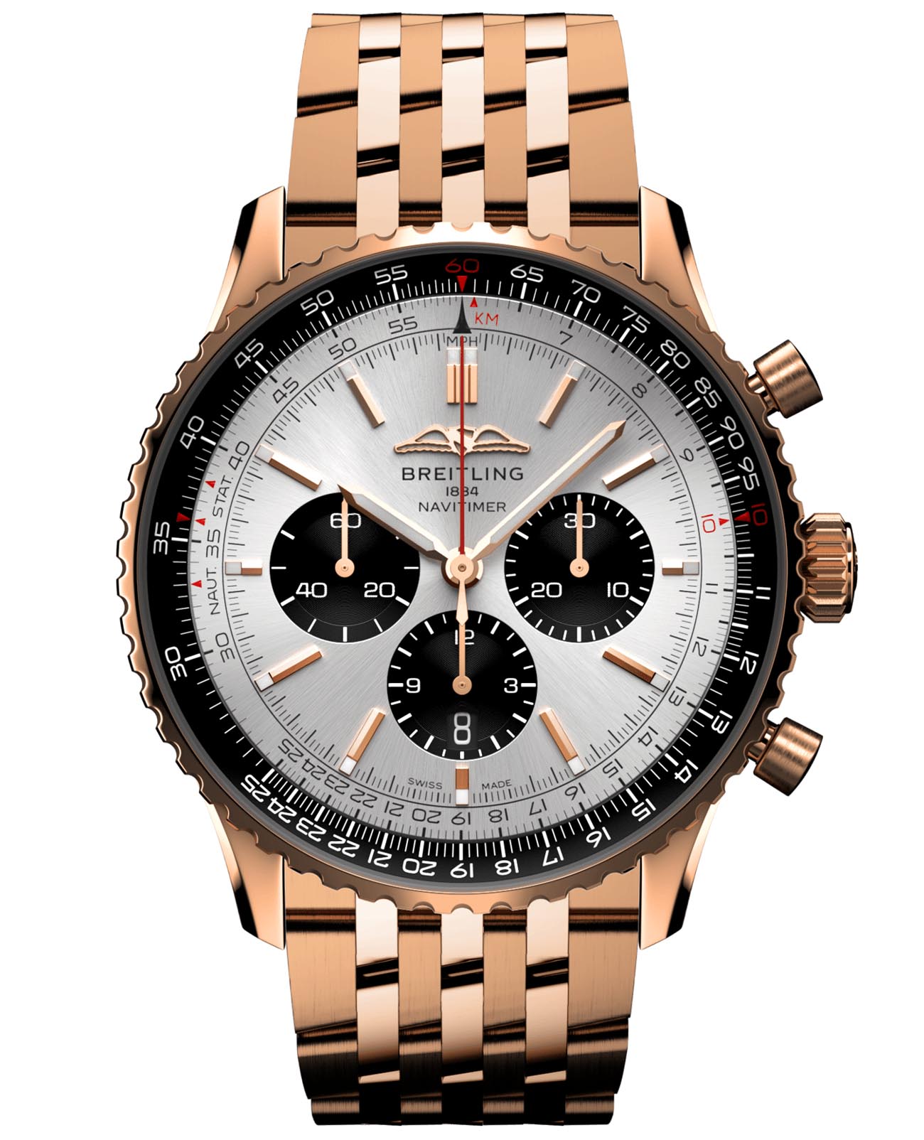 Breitling Breitling Navitimer B01 Chronograph 46 RB0137241G1R1  RB0137241G1R1 механические мужские часы серебристый циферблат, браслет 18-каратное красное золото — вид спереди