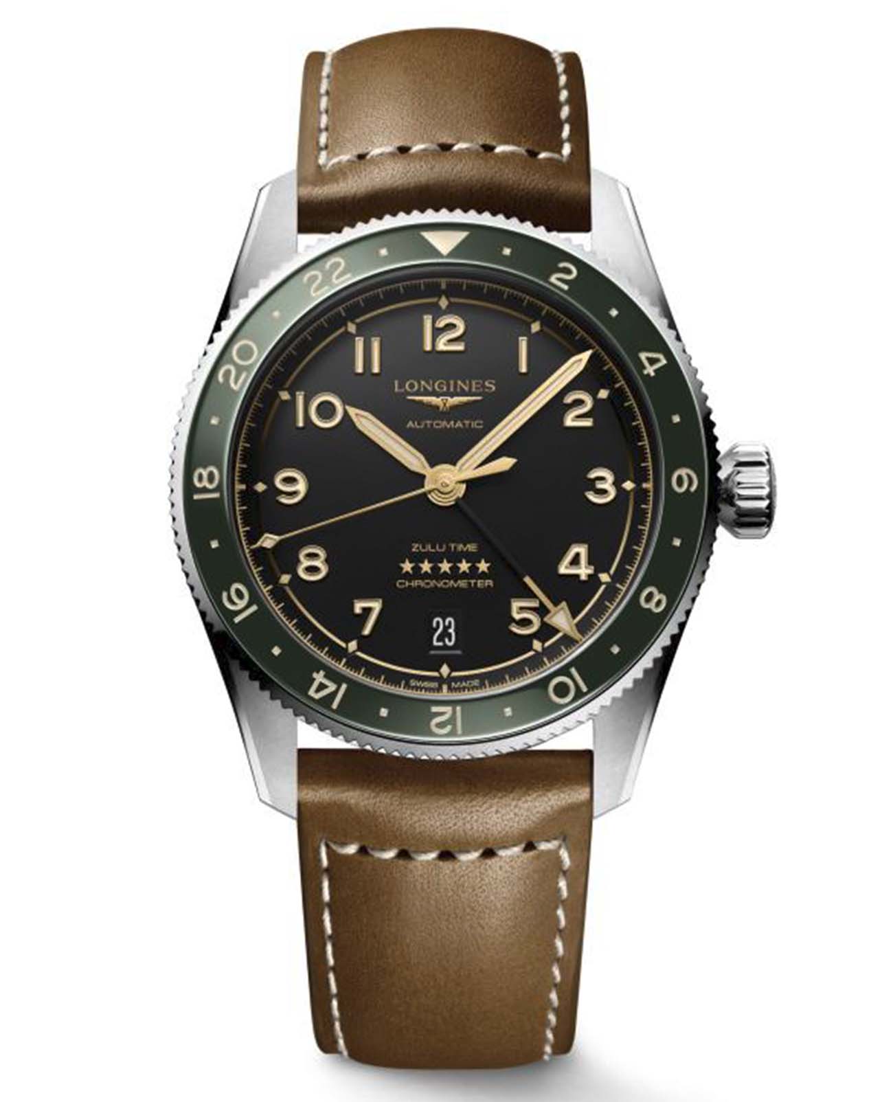 Longines Longines Spirit L3.802.4.63.2  L38024632 механические мужские часы черный циферблат, браслет кожаный — вид спереди