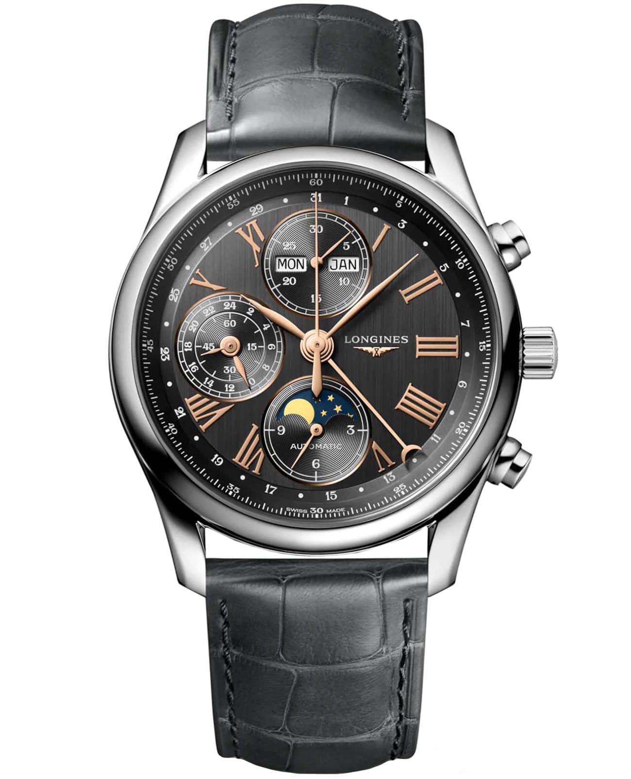 Longines Longines Master Collection L2.673.4.61.2  L26734612 механические мужские часы черный циферблат, браслет кожаный — вид спереди