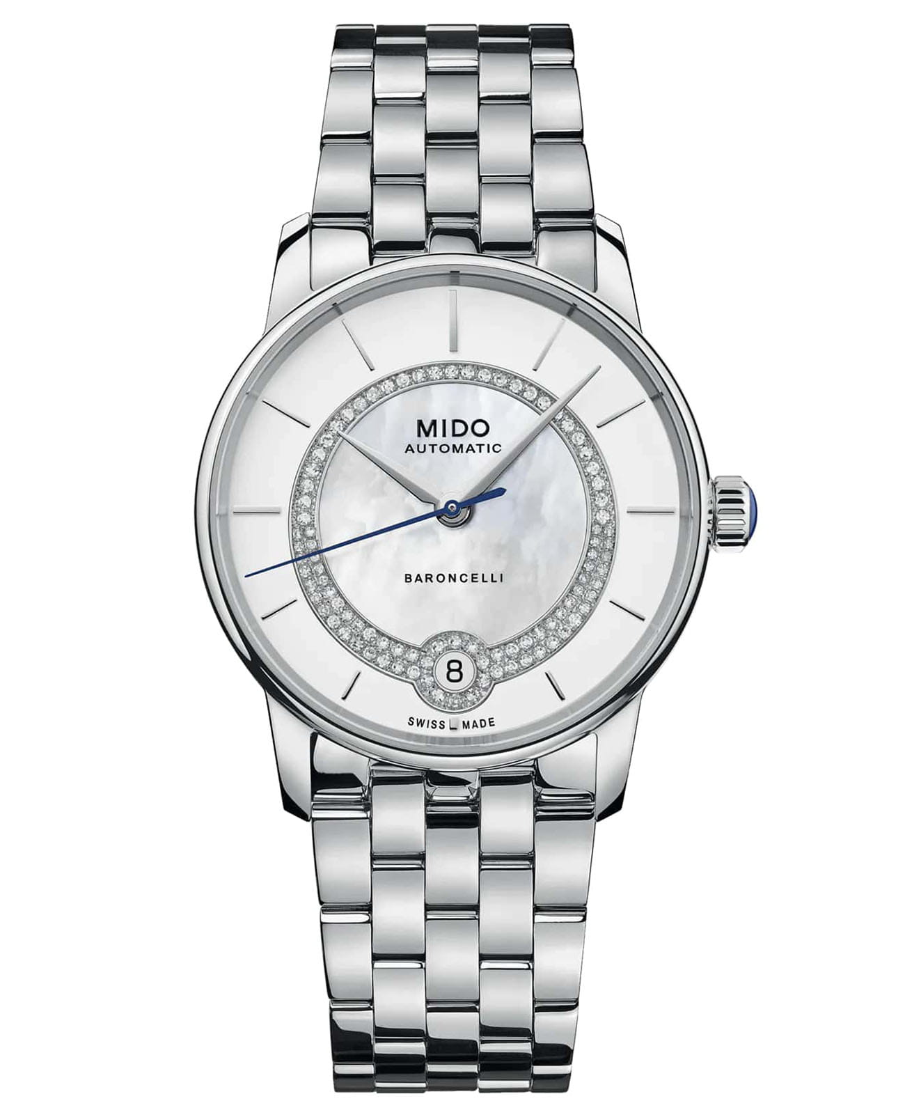 Mido Mido Baroncelli Lady Necklace M037.807.11.031.00  M0378071103100 механические женские часы перламутровый циферблат, браслет нержавеющая сталь — вид спереди
