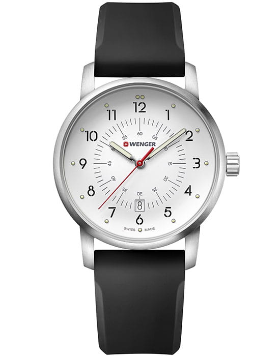Wenger 01.1641.113  01.1641.113 кварцевые мужские часы белый циферблат, браслет силикон — вид спереди