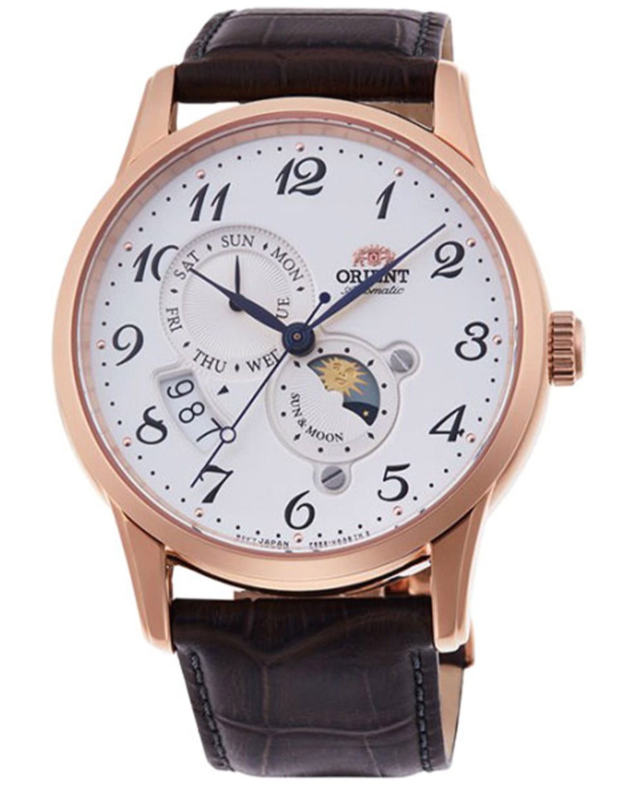 Orient Orient Sun & Moon RA-AK0001S (RN-AK0001S)  RA-AK0001S механические мужские часы белый циферблат, браслет кожаный — вид спереди