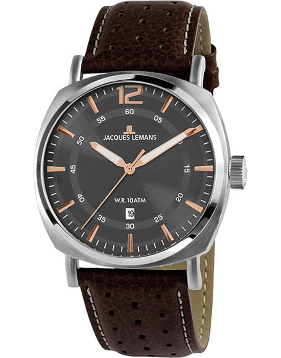 Jacques Lemans Jacques Lemans 1-1943D  1-1943D кварцевые мужские часы серый циферблат, браслет кожаный — вид спереди