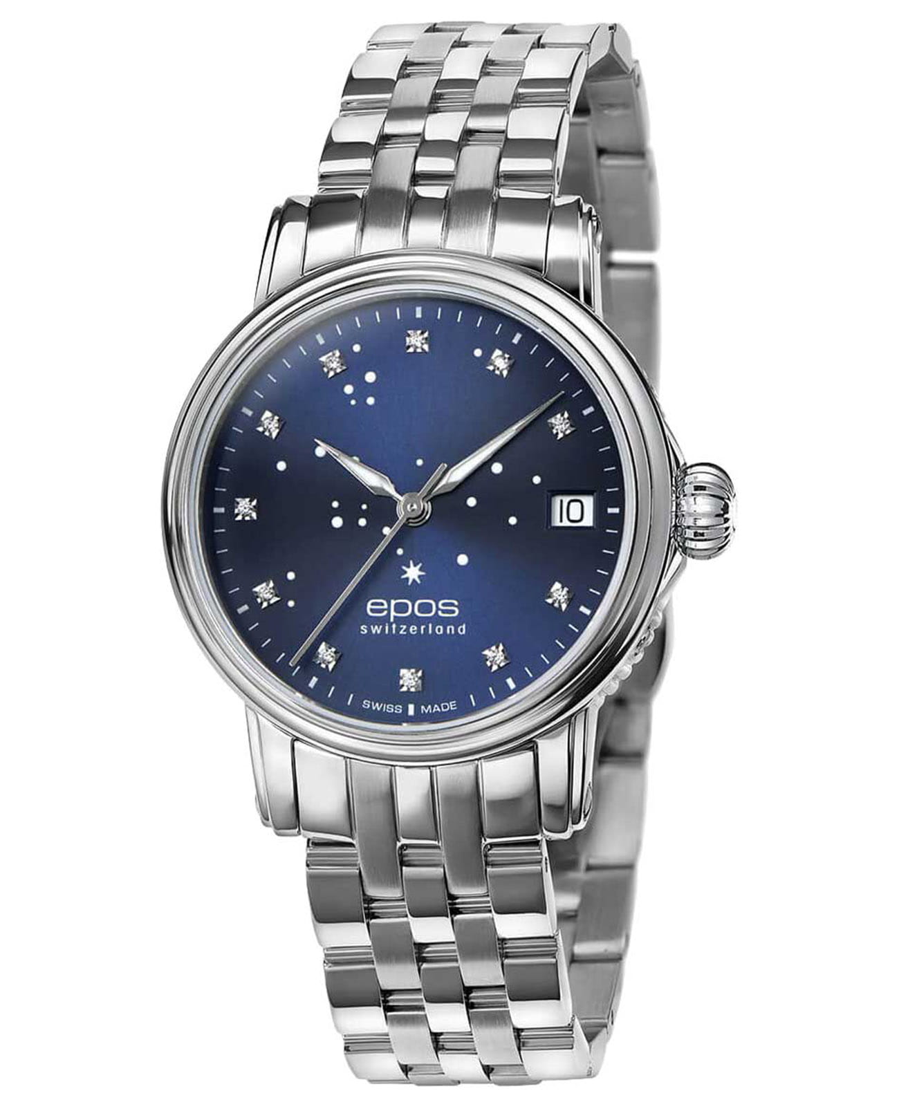 Epos Epos Ladies Diamonds 4390.152.20.96.30  4390.152.20.96.30 механические женские часы синий циферблат, браслет нержавеющая сталь — вид спереди