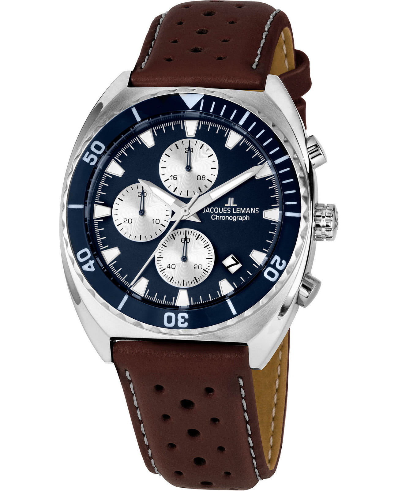 Jacques Lemans Jacques Lemans Sport 1-2041K  1-2041K кварцевые мужские часы синий циферблат, браслет кожаный — вид спереди