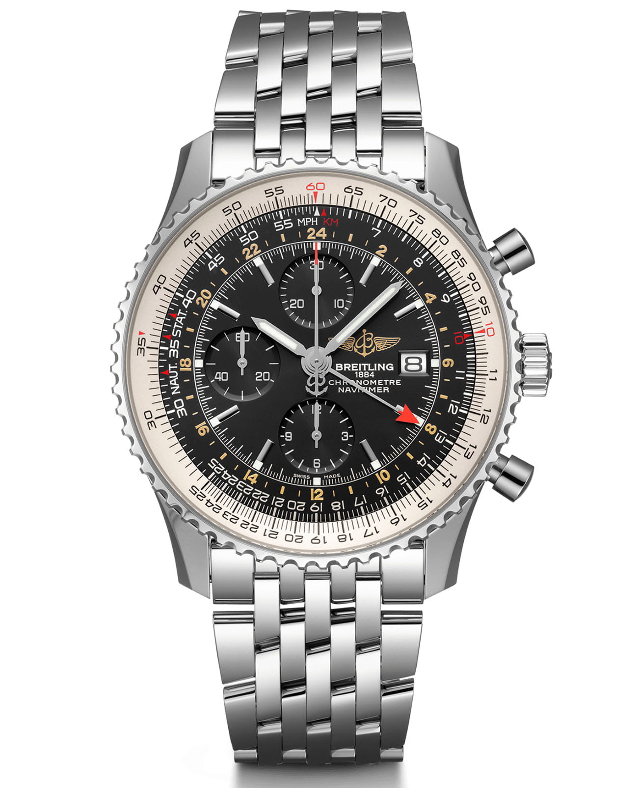 Breitling Breitling Navitimer Chronograph GMT 46 A24322121B1A1  A24322121B1A1 механические мужские часы черный циферблат, браслет нержавеющая сталь — вид спереди