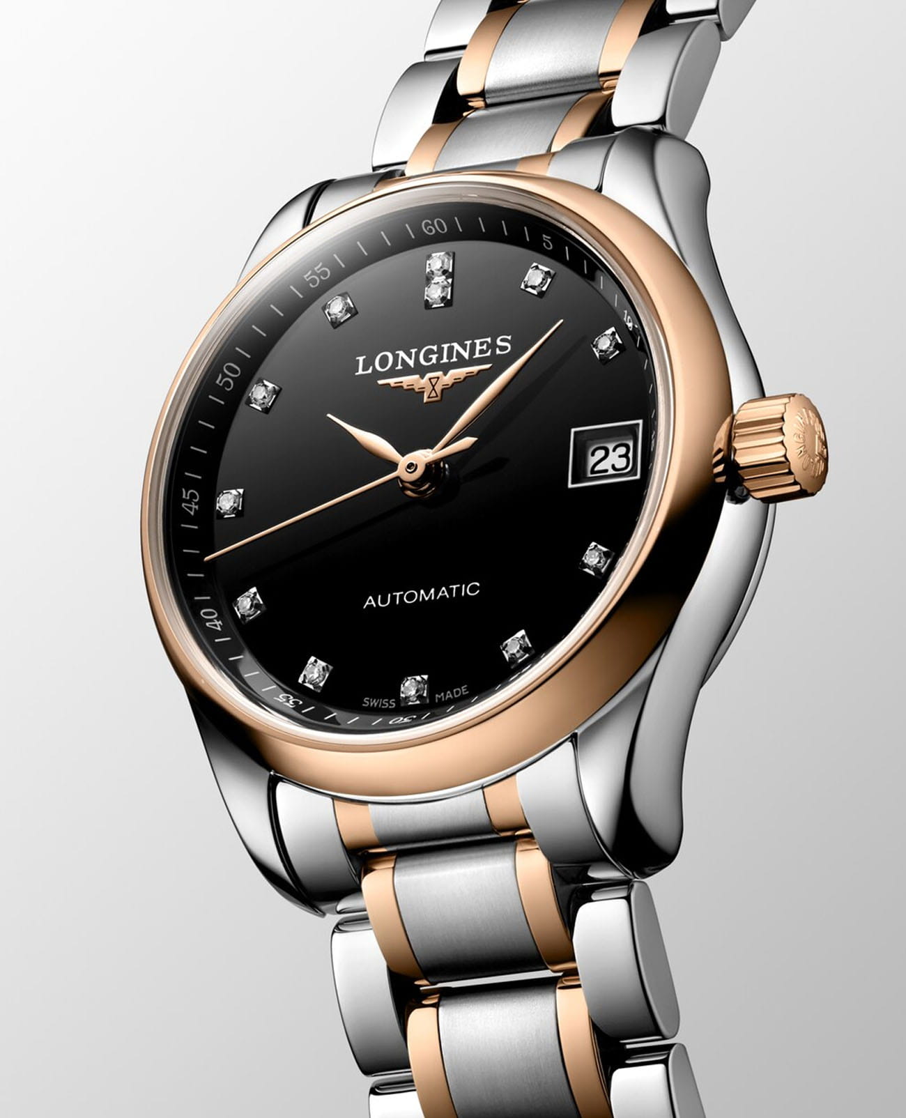 Longines Longines Master Collection L2.128.5.59.7, master collection швейцария женские часы на браслете нержавеющая сталь и 18 каратное розовое золото боковой вид
