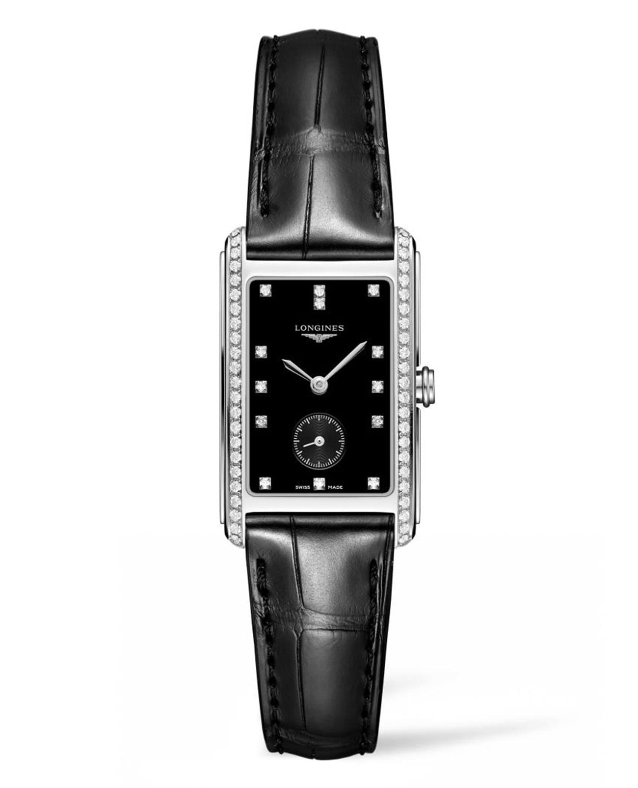 Longines Longines DolceVita L5.512.0.57.0  L55120570 кварцевые женские часы черный циферблат, браслет кожаный — вид спереди