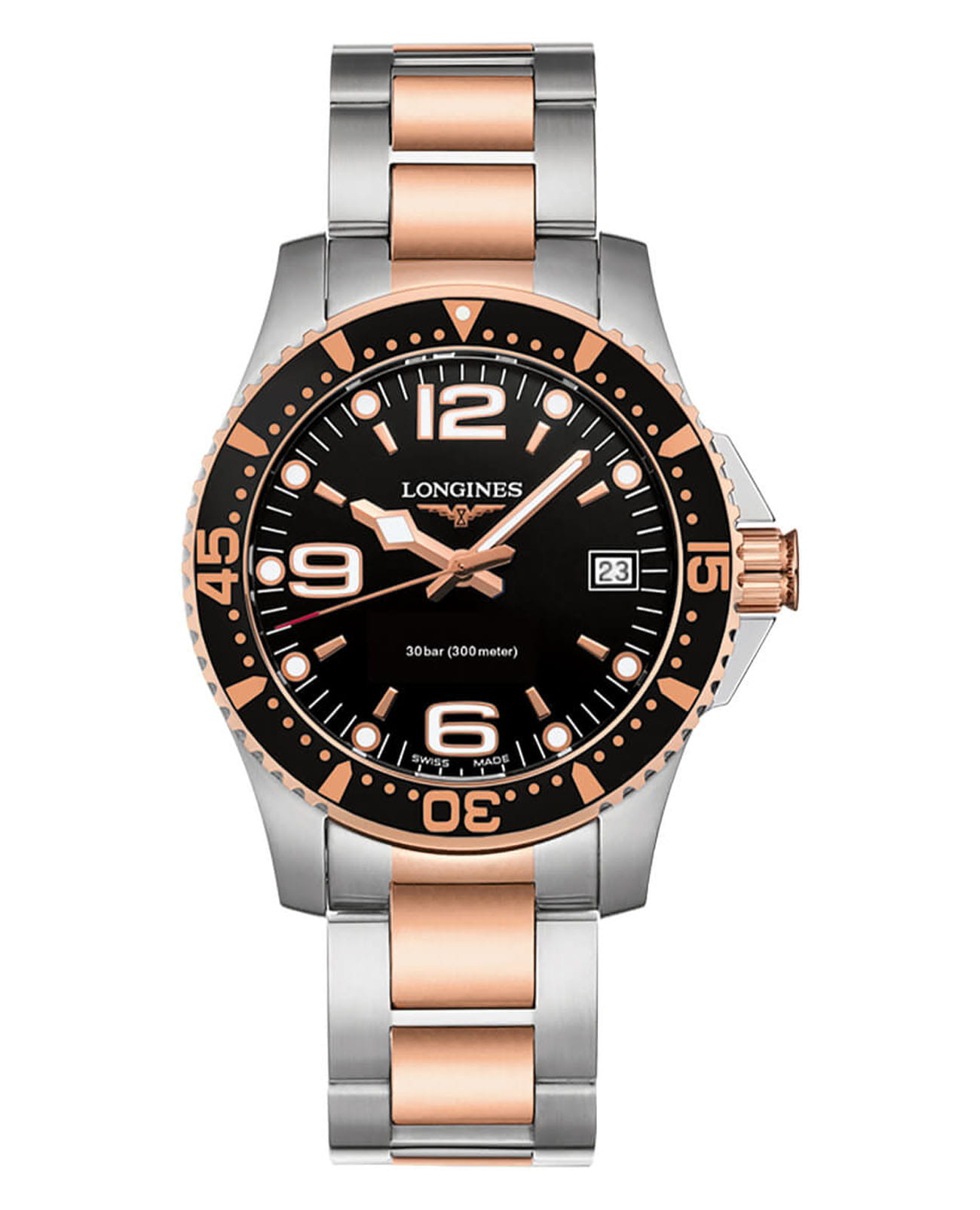 Longines Longines Hydroconquest L3.340.3.58.7  L33403587 кварцевые женские часы черный циферблат, браслет сталь c pvd покрытием — вид спереди