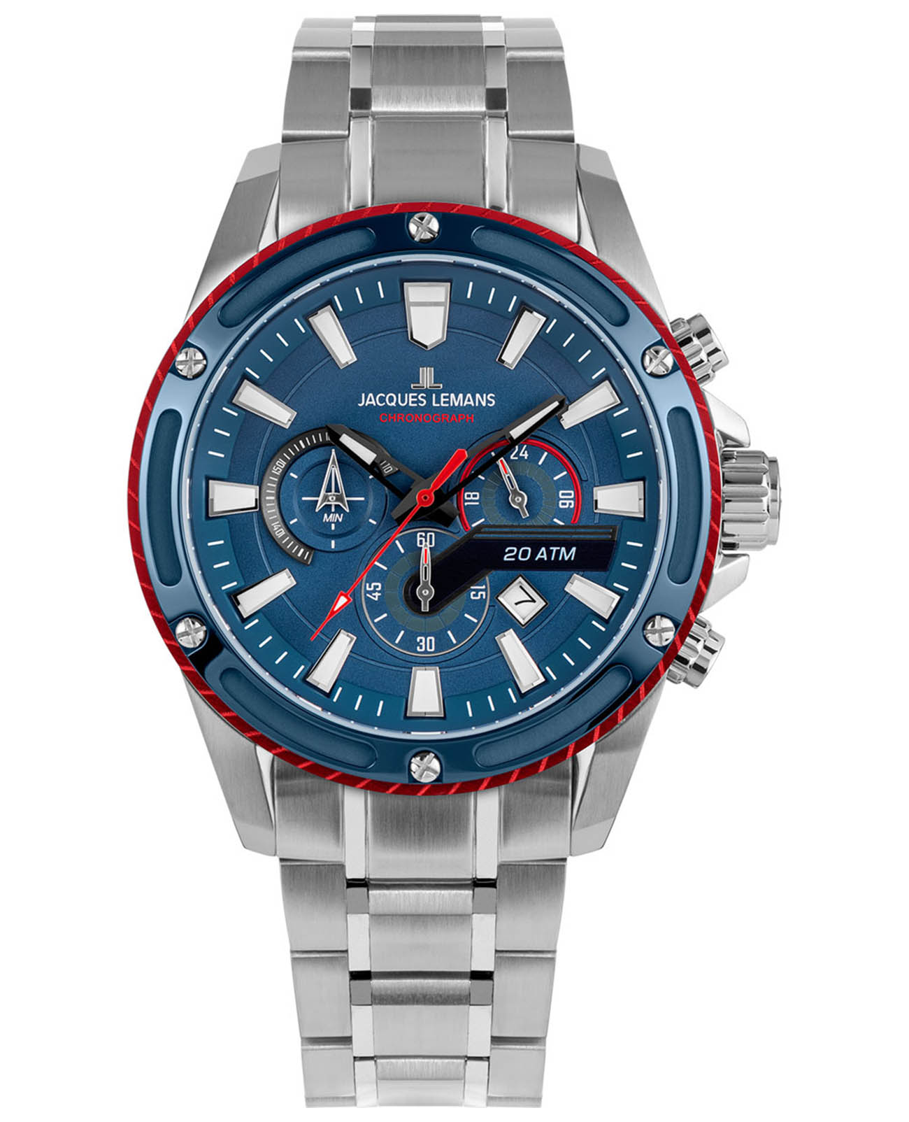 Jacques Lemans Jacques Lemans Liverpool 1-2141F  1-2141F кварцевые мужские часы синий циферблат, браслет нержавеющая сталь — вид спереди