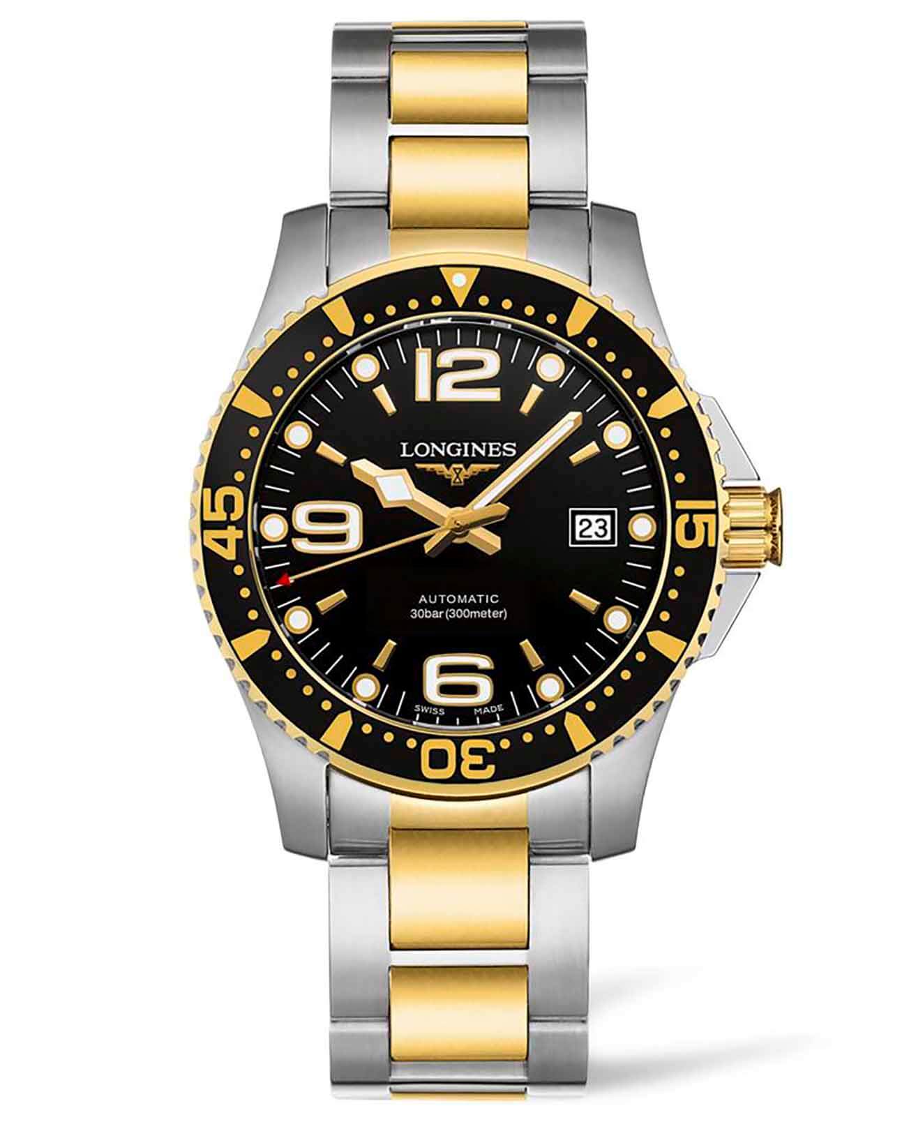 Longines Longines Hydroconquest L3.742.3.56.7  L37423567 механические мужские часы черный циферблат, браслет сталь c pvd покрытием — вид спереди