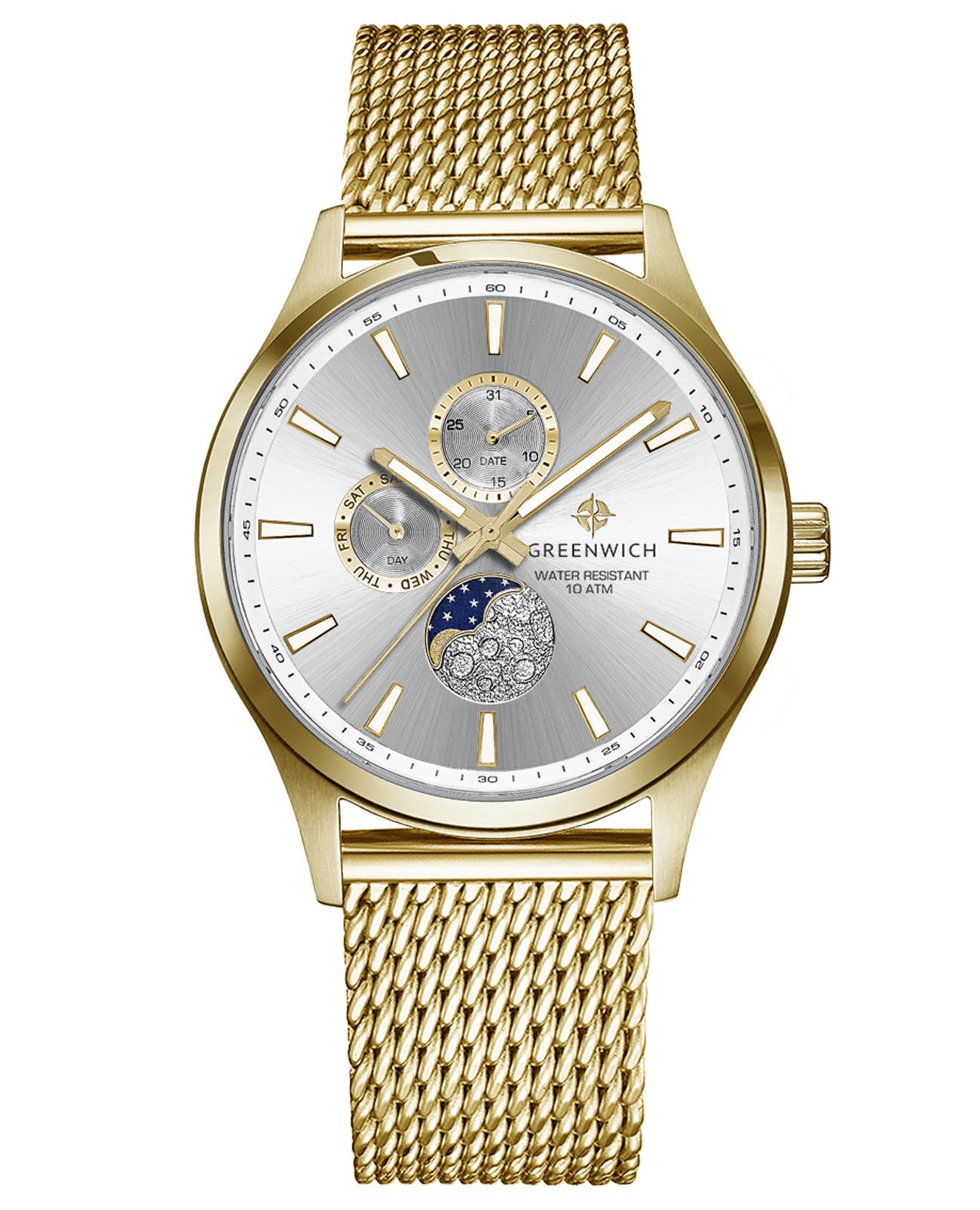 Greenwich Greenwich Moon Walker GW 058.29.33  GW 058.29.33 кварцевые мужские часы серебристый циферблат, браслет сталь c pvd покрытием — вид спереди