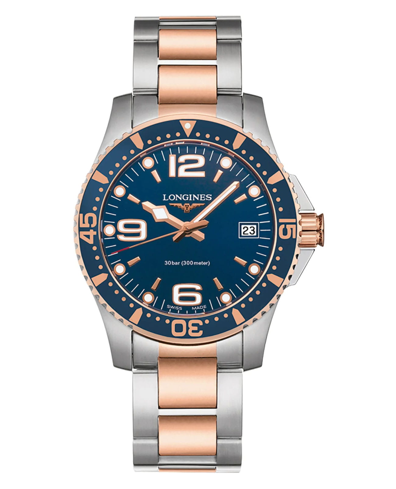 Longines Longines Hydroconquest L3.340.3.98.7  L33403987 кварцевые мужские часы синий циферблат, браслет сталь c pvd покрытием — вид спереди