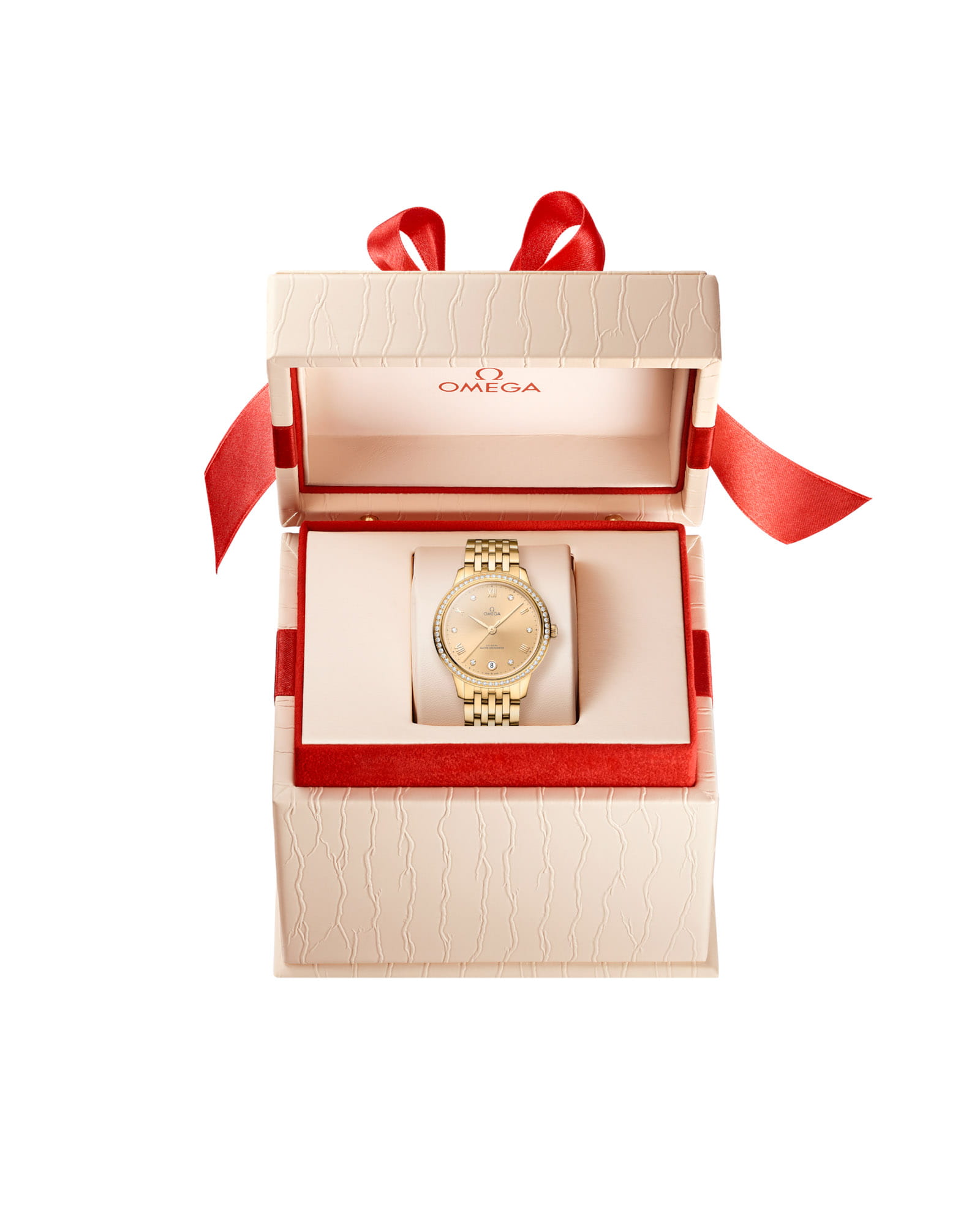 Omega Omega De Ville Prestige 434.55.34.20.58.001 , de ville швейцария женские часы на браслете 18-каратное желтое золото боковой вид