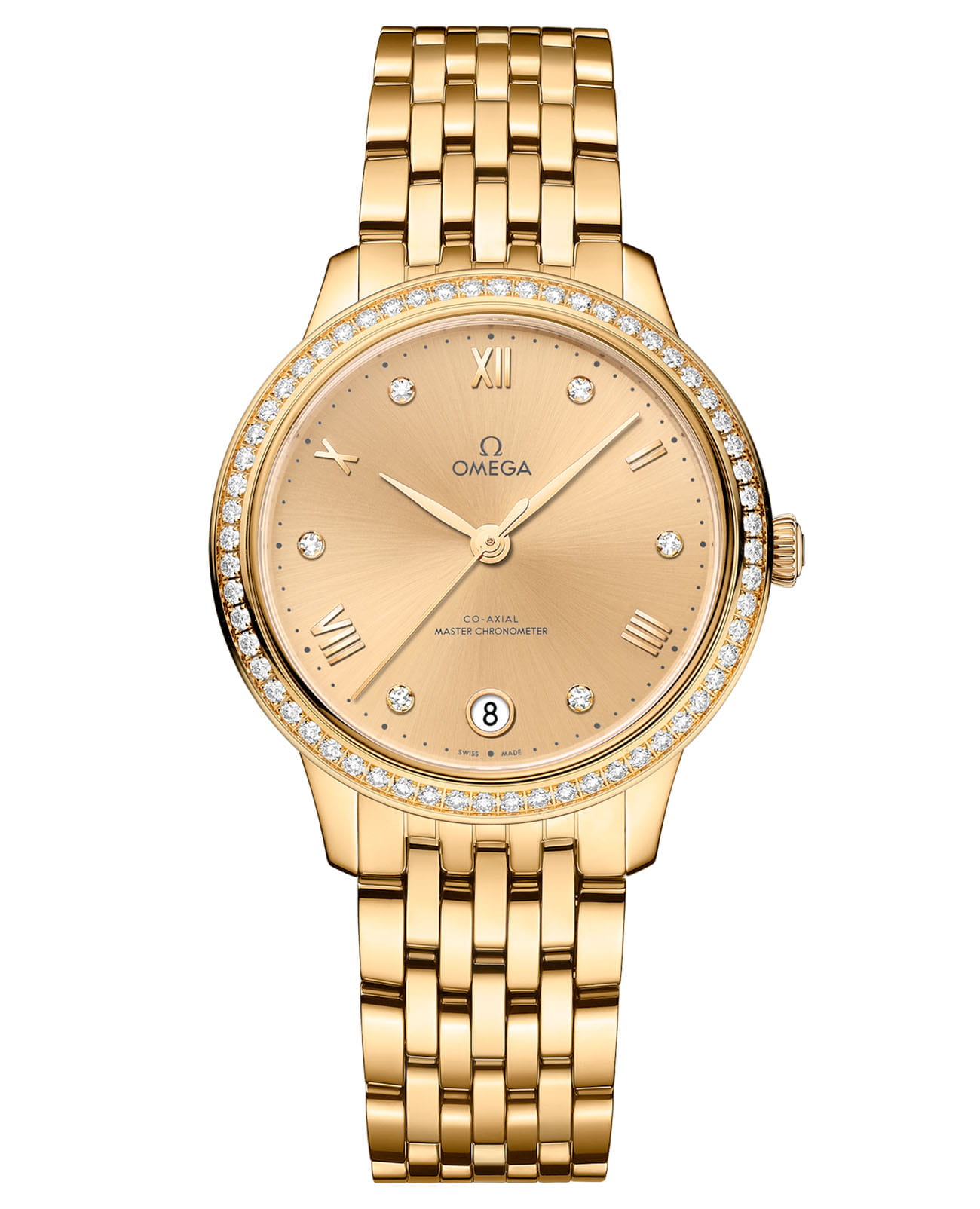 Omega Omega De Ville Prestige 434.55.34.20.58.001  Prestige 43455342058001 механические женские часы золотой циферблат, браслет 18-каратное желтое золото — вид спереди
