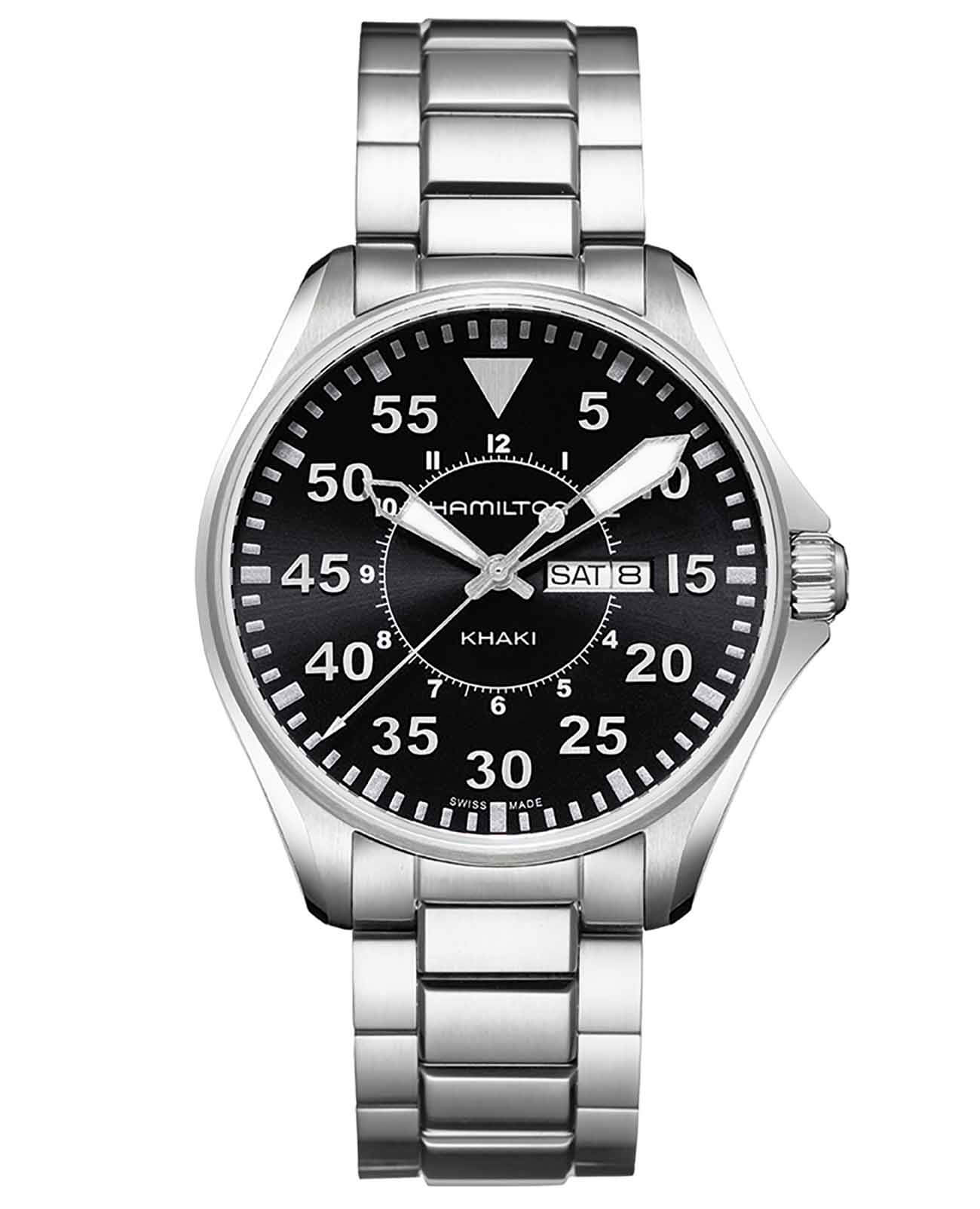 Hamilton Hamilton Khaki Aviation Pilot Day Date Quartz H64611135  H64611135 кварцевые мужские часы черный циферблат, браслет нержавеющая сталь — вид спереди