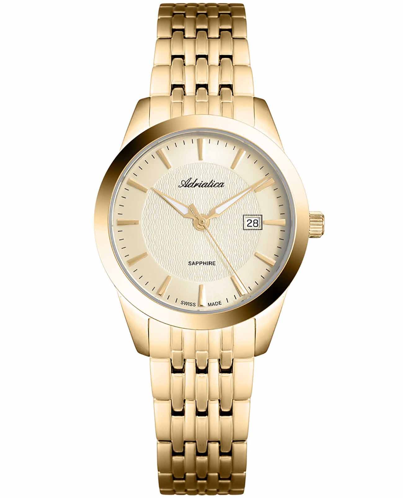 Adriatica Adriatica Premiere A3188.1111Q  A3188.1111Q кварцевые женские часы золотой циферблат, браслет нержавеющая сталь с pvd-покрытием — вид спереди