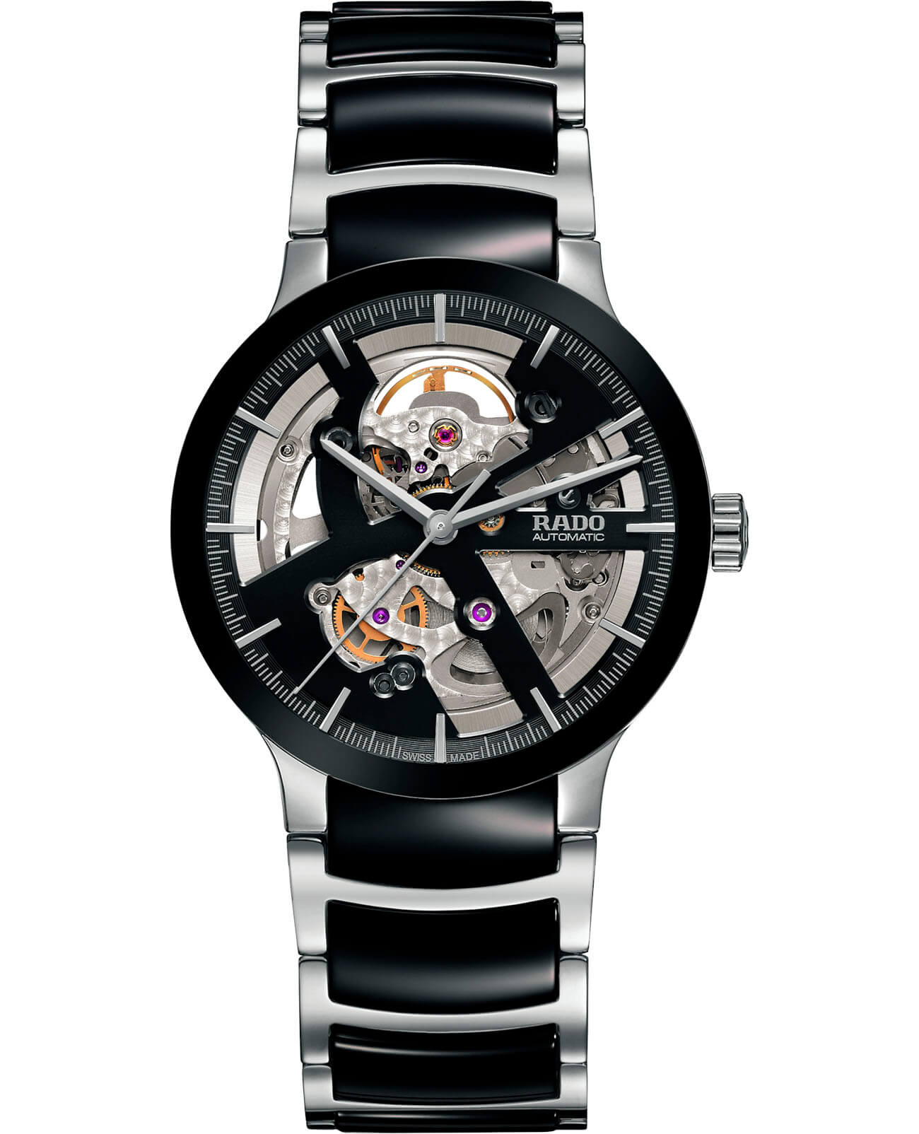 Rado Rado Centrix Automatic Open Heart R30178152 Automatic R30178152 механические мужские часы черный циферблат, браслет сталь + керамические вставки — вид спереди