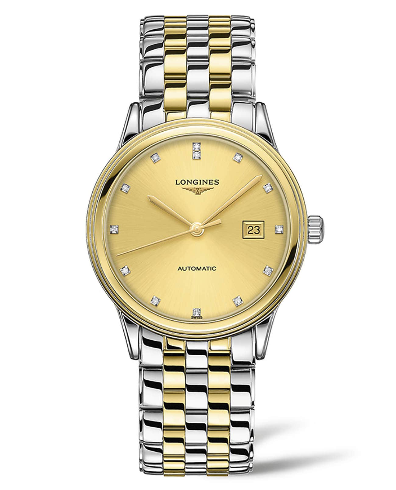 Longines Longines Flagship L4.984.3.37.7  L49843377 механические мужские часы золотой циферблат, браслет сталь c pvd покрытием — вид спереди
