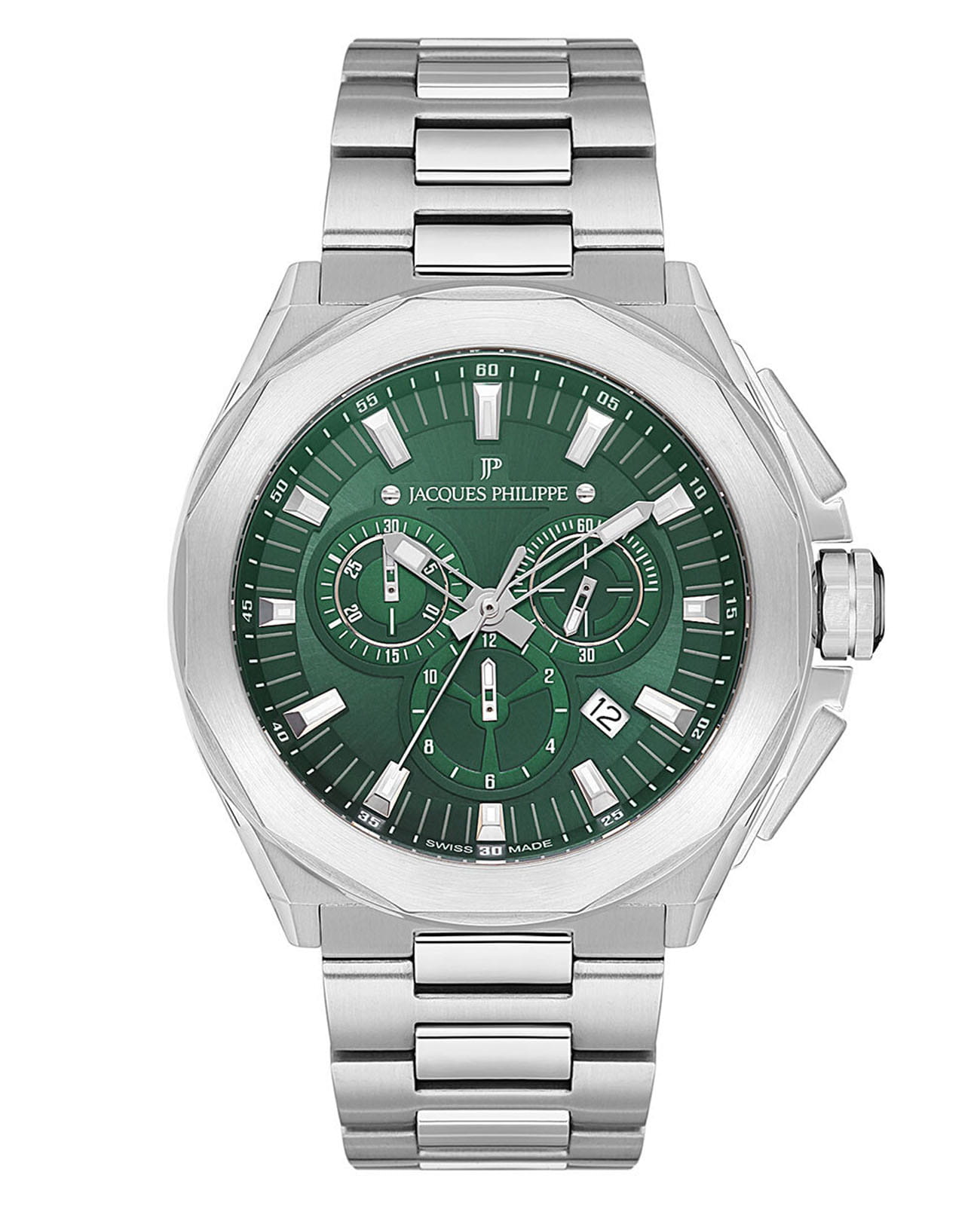 Jacques Philippe Jacques Philippe Merces Chrono JPQGC3013X6  JPQGC3013X6 кварцевые мужские часы зеленый циферблат, браслет нержавеющая сталь — вид спереди