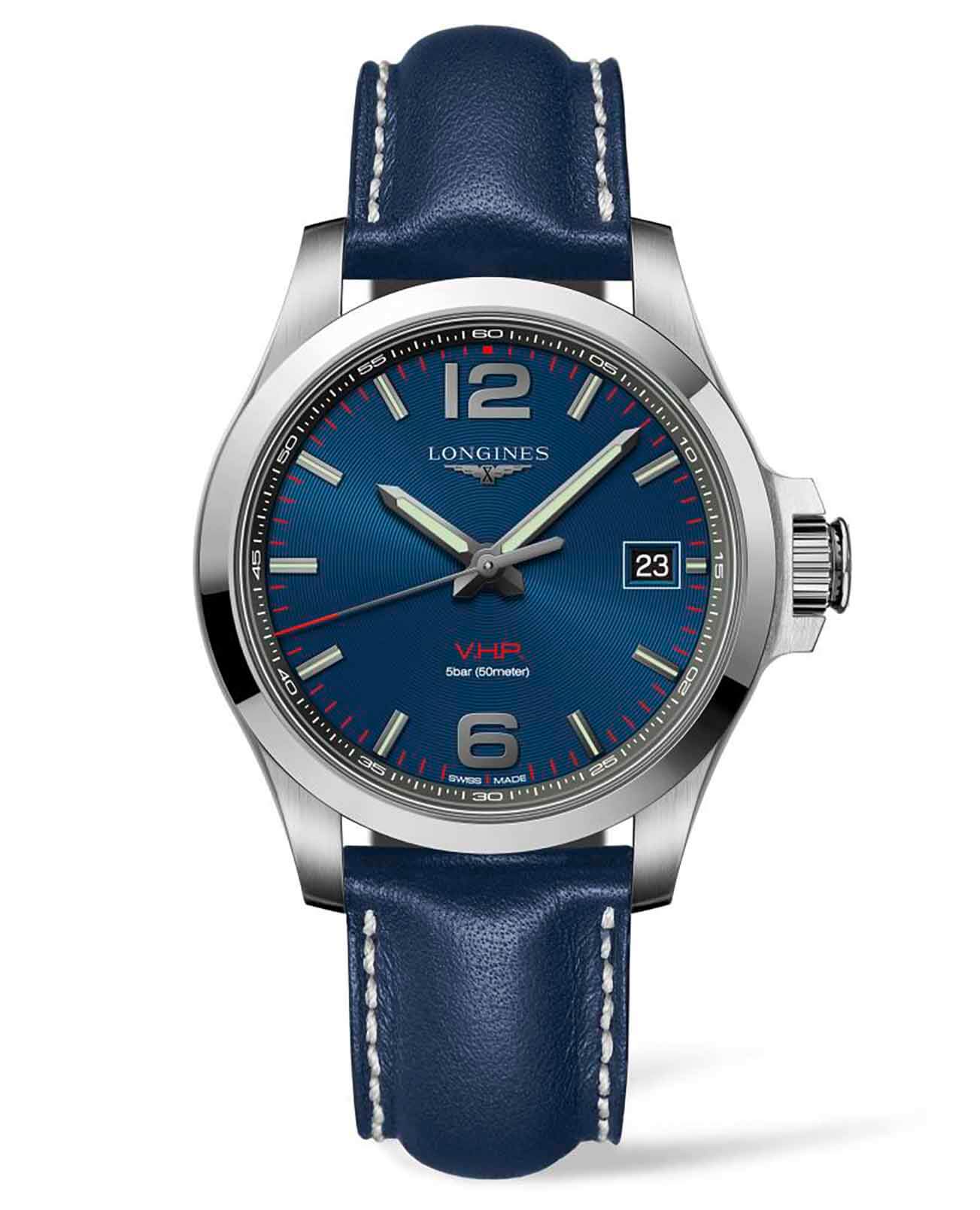 Longines Longines Conquest V.H.P. L3.716.4.96.0  L37164960 кварцевые мужские часы синий циферблат, браслет кожаный — вид спереди