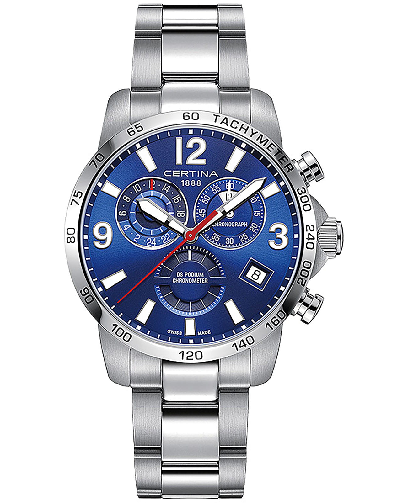 Certina Certina DS Podium Chronograph GMT C034.654.11.047.00  C0346541104700 кварцевые мужские часы синий циферблат, браслет нержавеющая сталь — вид спереди