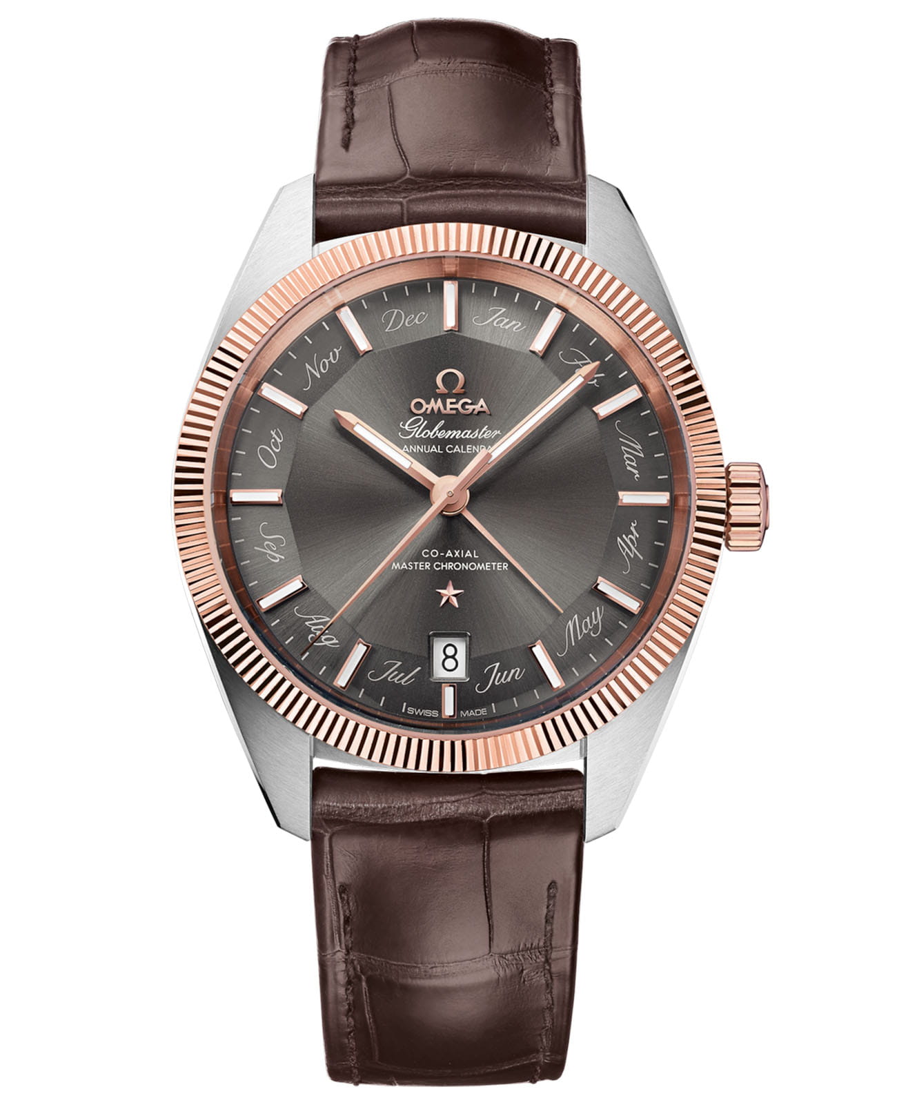 Omega Omega Constellation Globemaster 130.23.41.22.06.001 Globemaster 13023412206001 механические мужские часы серый циферблат, браслет кожаный — вид спереди