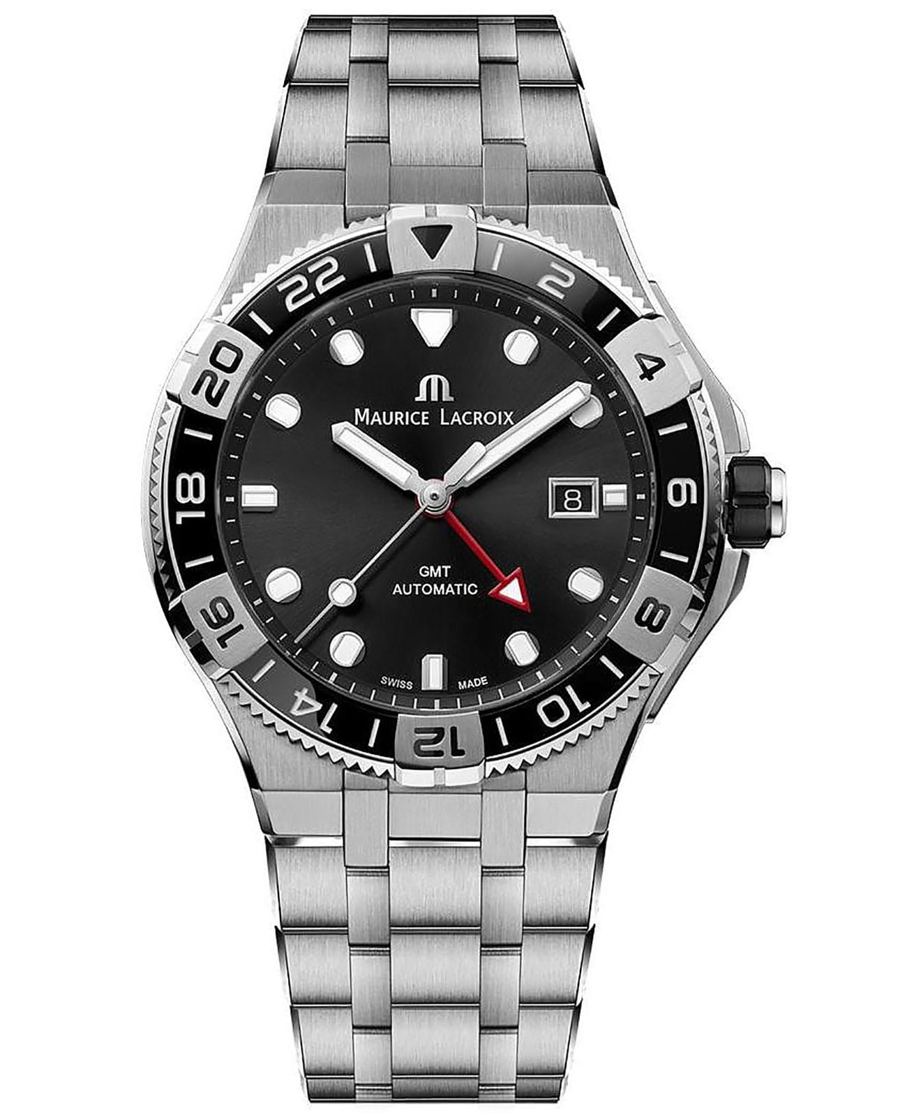 Maurice Lacroix Maurice Lacroix Aikon Venturer GMT AI6158-SS002-330-1  AI6158-SS002-330-1 механические мужские часы черный циферблат, браслет нержавеющая сталь — вид спереди