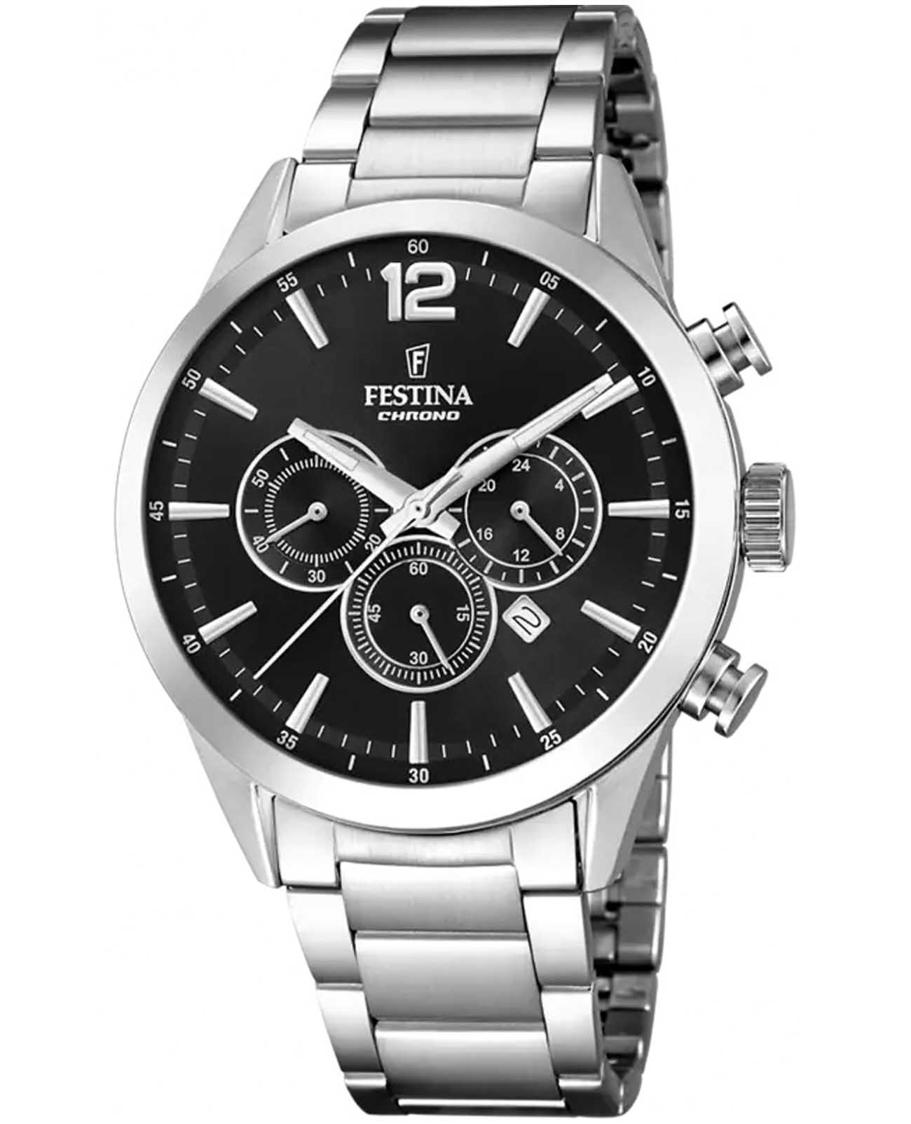 Festina Festina Timeless Chrono F20343/8  F20343/8 кварцевые мужские часы черный циферблат, браслет нержавеющая сталь 316l — вид спереди