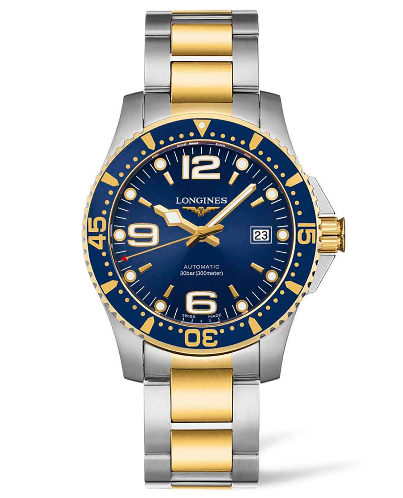 Longines Longines HydroConquest L3.742.3.96.7  L37423967 механические мужские часы синий циферблат, браслет сталь c pvd покрытием — вид спереди