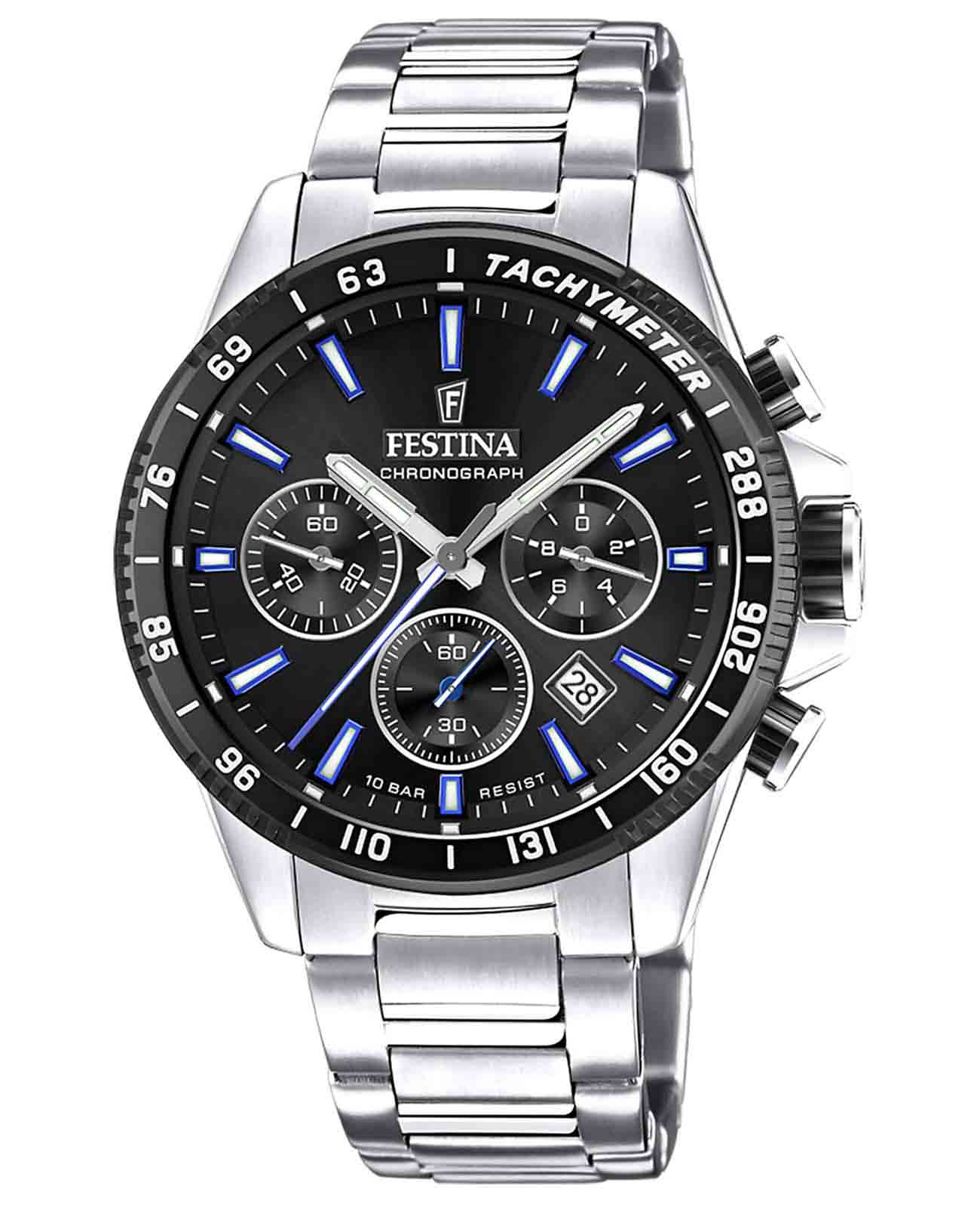 Festina Festina Timeless Chrono F20560/5  F20560/5 кварцевые мужские часы черный циферблат, браслет нержавеющая сталь — вид спереди