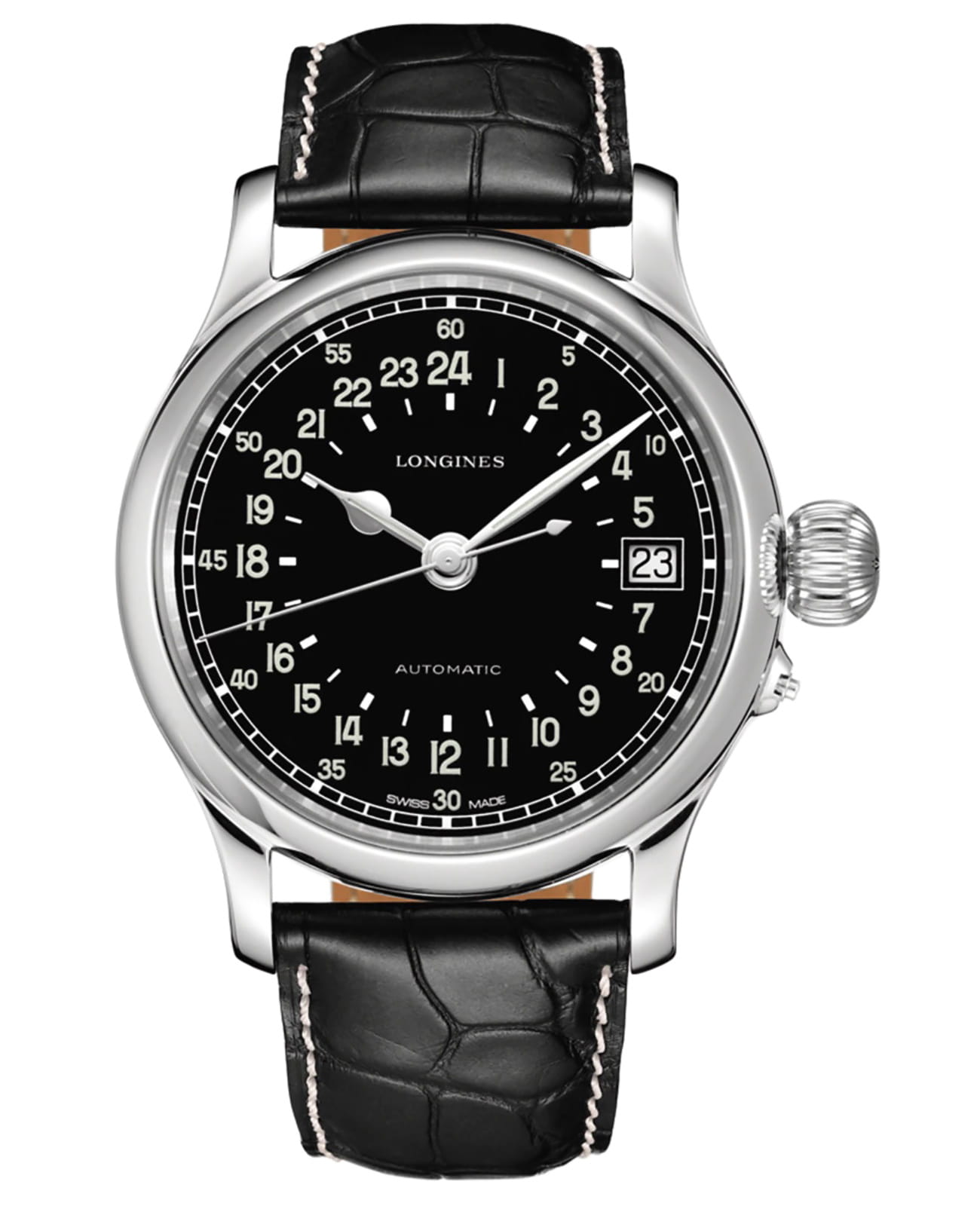Longines Longines Twenty-Four Hours L2.751.4.53.3  L27514533 механические мужские часы черный циферблат, браслет кожаный — вид спереди