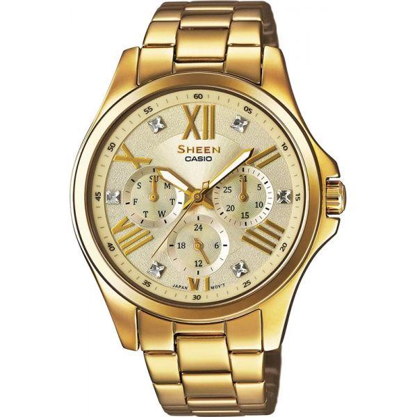 Casio Casio Sheen SHE-3806GD-9A  SHE-3806GD-9A  женские часы золотой циферблат, браслет  — вид спереди