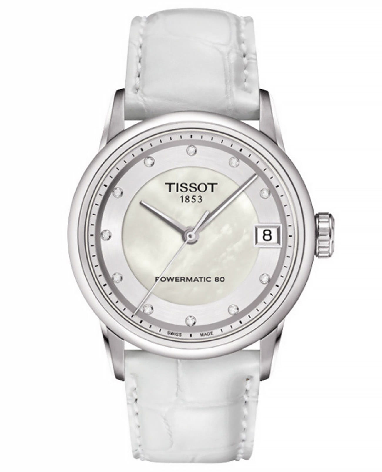 Tissot Tissot T-Classic Luxury Automatic T086.207.16.116.00  T0862071611600  механические женские часы перламутровый циферблат, браслет кожаный — вид спереди