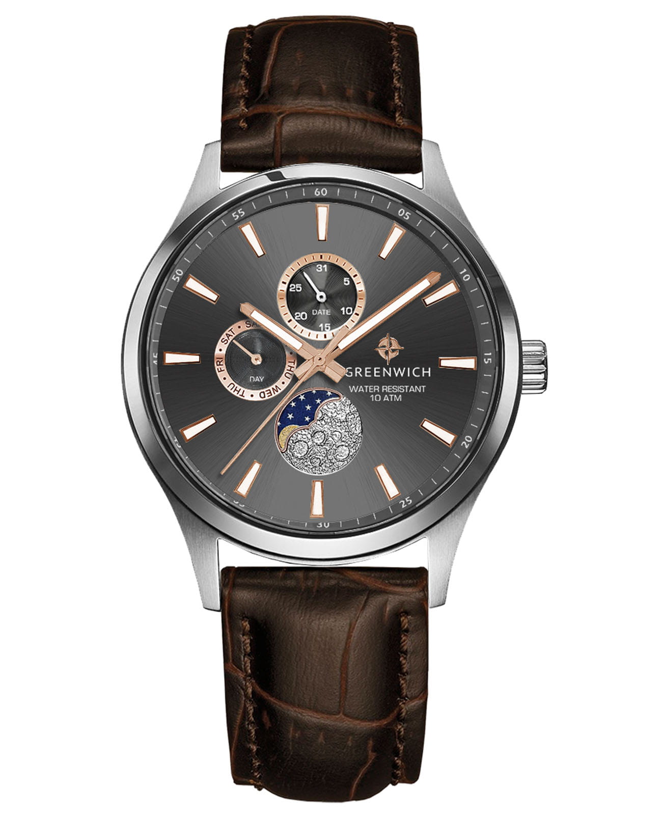 Greenwich Greenwich Moon Walker GW 058.12.34  GW 058.12.34 кварцевые мужские часы серый циферблат, браслет кожаный — вид спереди