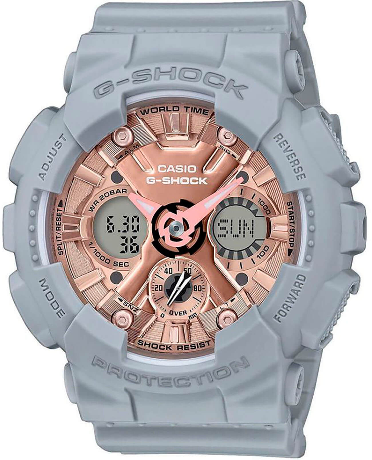 Casio Casio G-Shock GMA-S120MF-8A  GMA-S120MF-8AER электронные женские часы золотой циферблат, браслет пластик — вид спереди