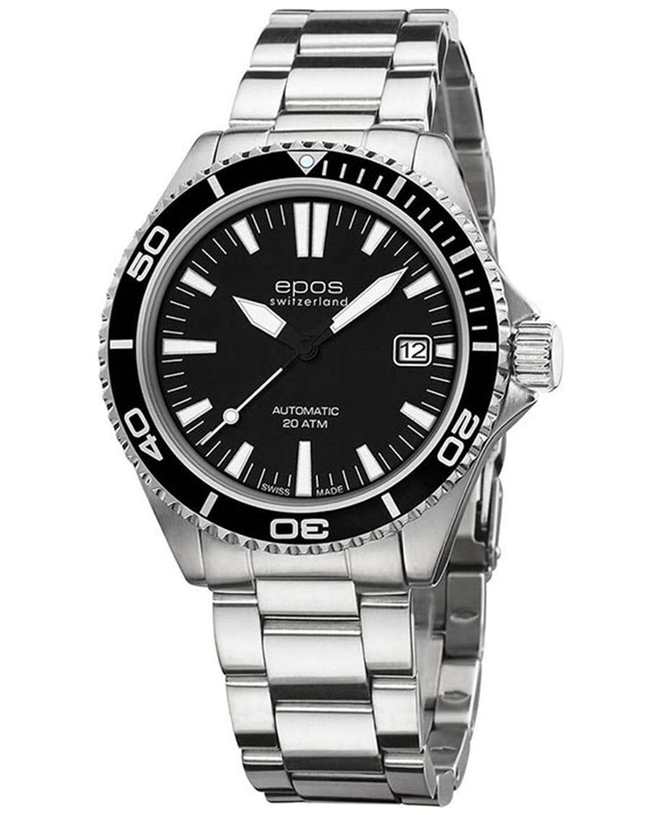 Epos Epos Diver 3438.131.20.15.30  3438.131.20.15.30 механические мужские часы черный циферблат, браслет нержавеющая сталь — вид спереди