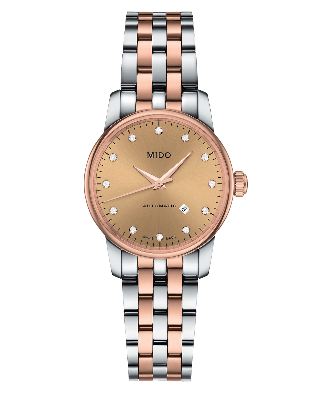 Mido Mido Baroncelli M7600.9.67.1  M76009671 механические женские часы золотой циферблат, браслет нержавеющая сталь — вид спереди