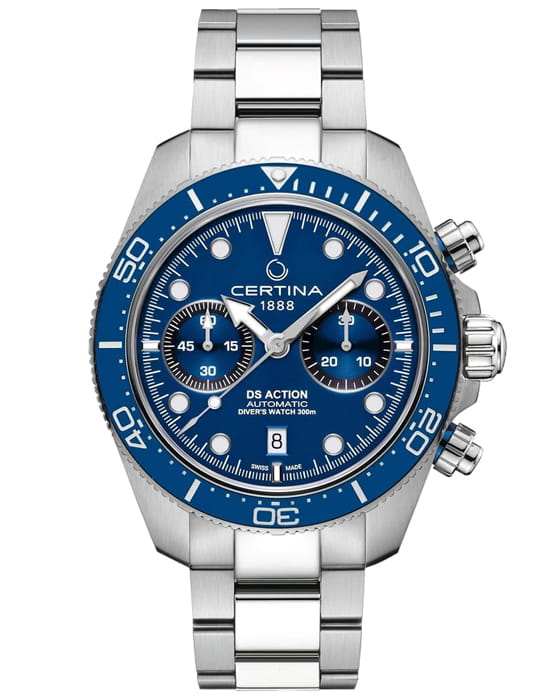 Certina Certina DS Action Diver Chrono C032.827.11.041.00 DS Action C0328271104100 механические мужские часы синий циферблат, браслет нержавеющая сталь 316l — вид спереди