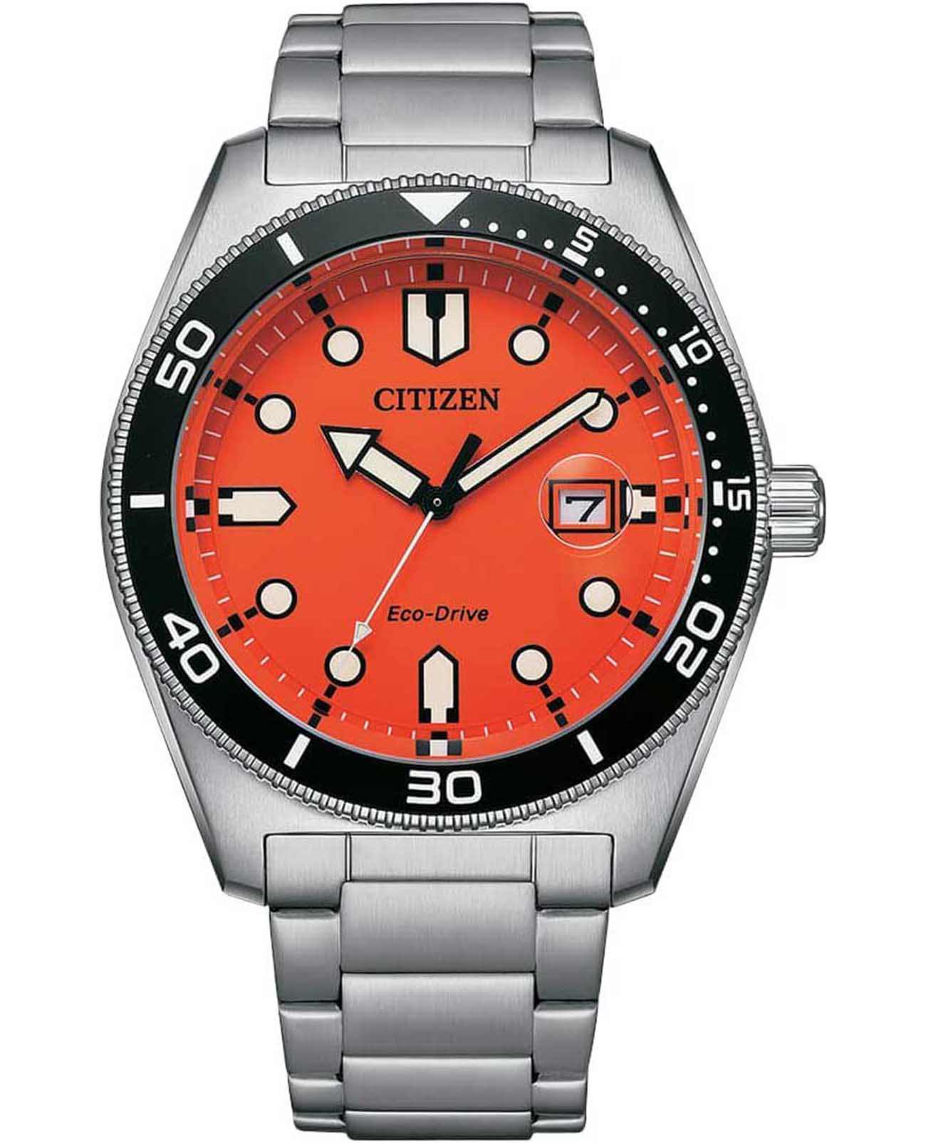 Citizen Citizen Eco-Drive AW1760-81X  AW1760-81X кварцевые мужские часы оранжевый циферблат, браслет нержавеющая сталь — вид спереди