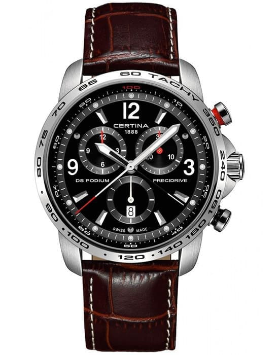 Certina Certina DS Podium Chronograph 1/100 sec C001.647.16.057.00  C0016471605700 кварцевые мужские часы черный циферблат, браслет кожаный — вид спереди