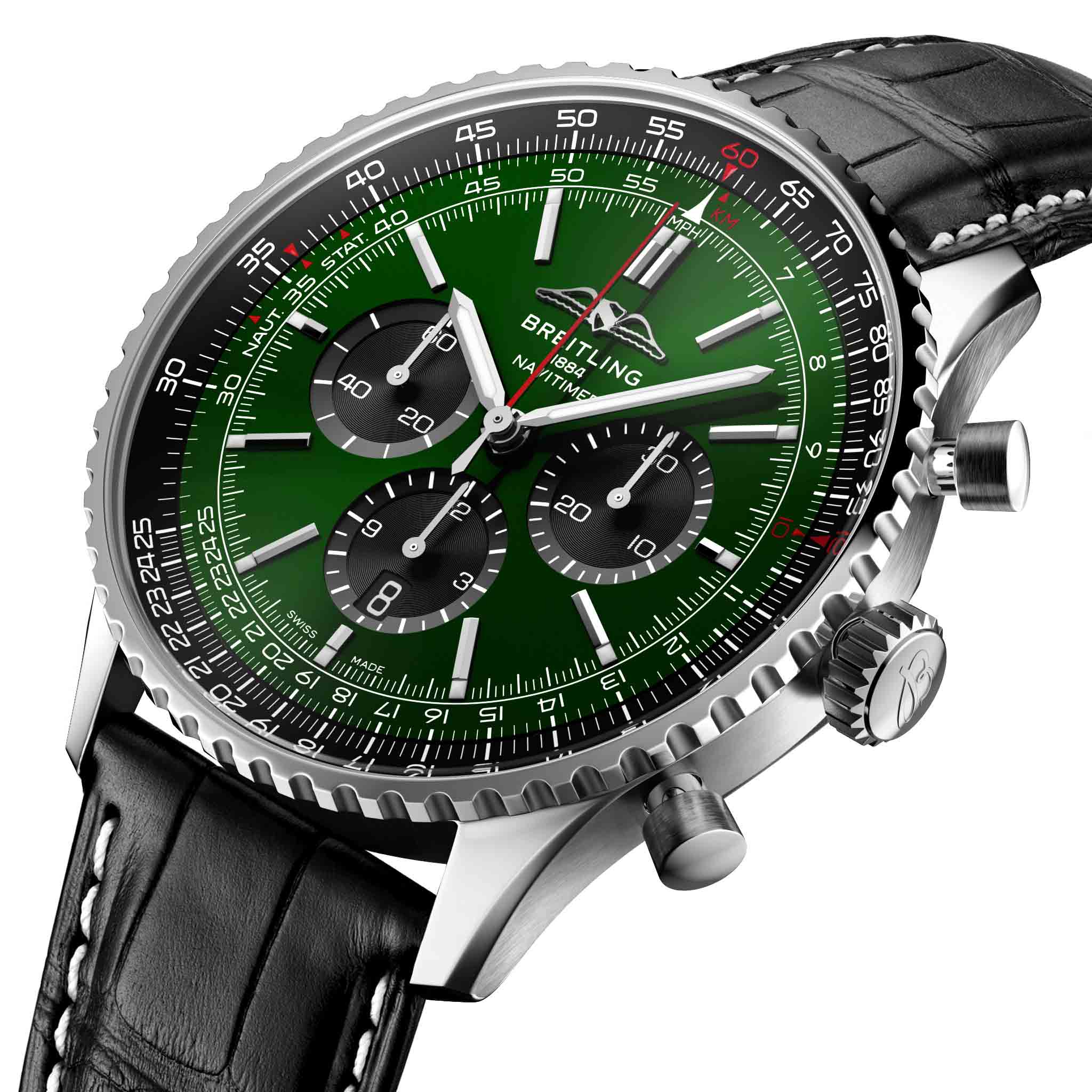 Breitling Breitling Navitimer B01 Chronograph 46 AB0137241L1P1 механические мужские часы часы крупный план зеленый циферблата
