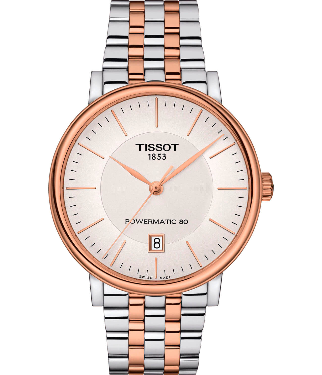 Tissot Tissot Carson Powermatic 80 T122.407.22.031.01 Carson T1224072203101 механические мужские часы белый циферблат, браслет сталь c pvd покрытием — вид спереди