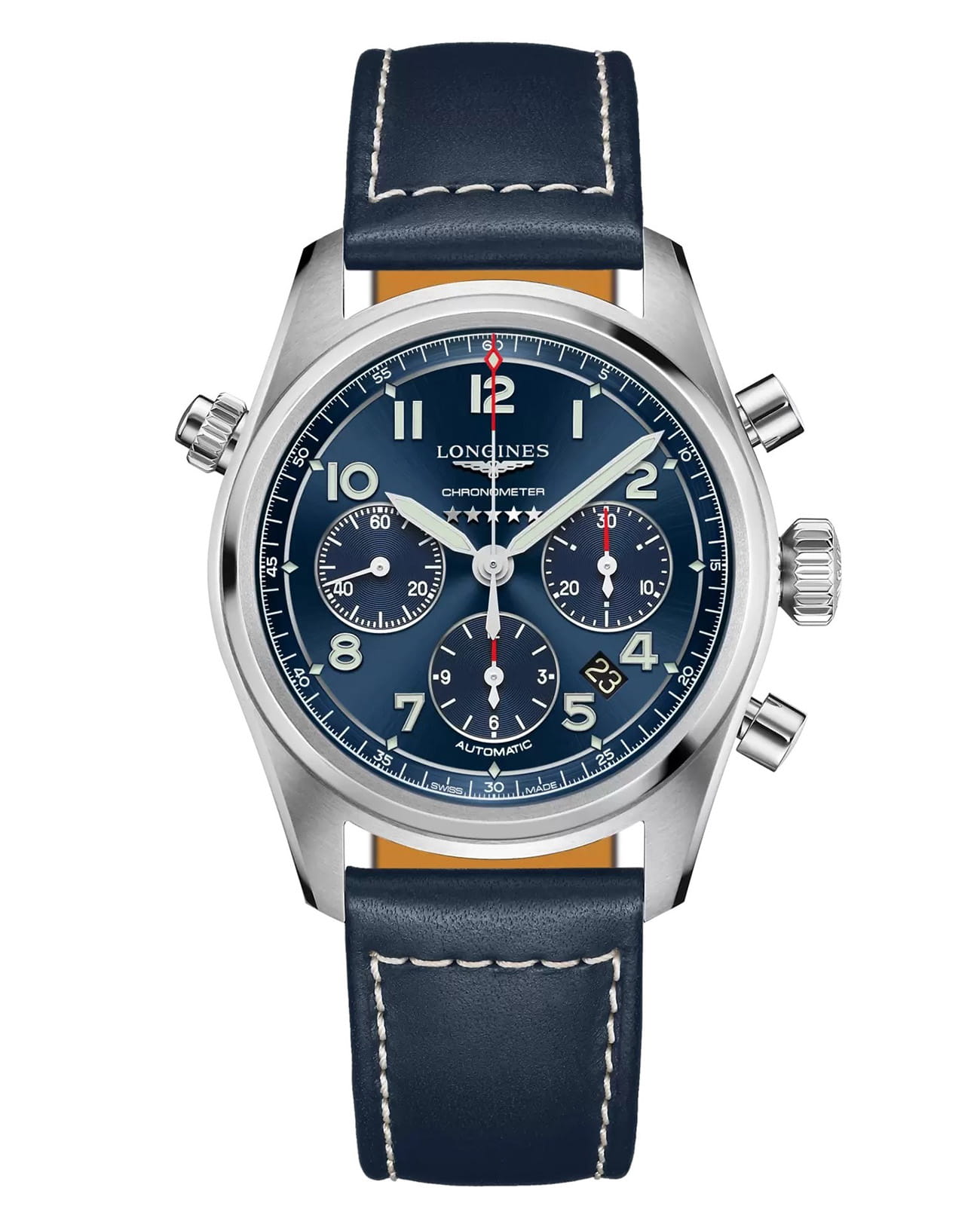Longines Longines Spirit L3.820.4.93.3  L38204933 механические мужские часы синий циферблат, браслет кожаный — вид спереди