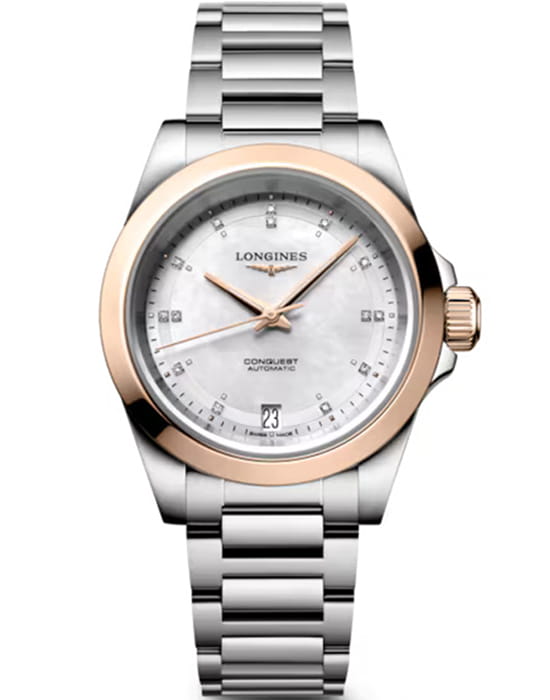 Longines Longines Conquest 34 mm L3.430.5.87.6  L34305876 механические женские часы перламутровый циферблат, браслет нержавеющая сталь — вид спереди
