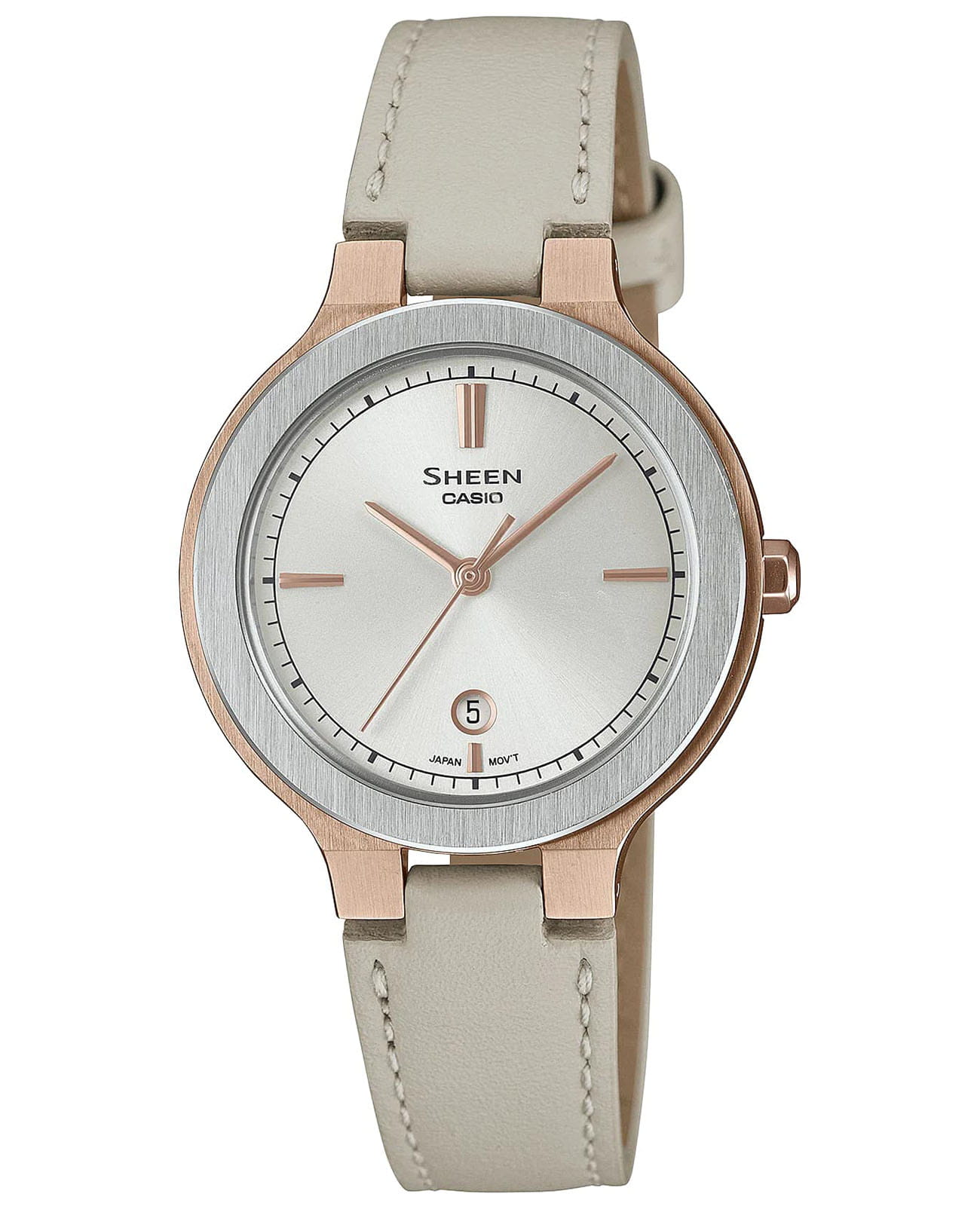 Casio Casio Sheen SHE-4559GBL-7A  SHE-4559GBL-7A кварцевые женские часы серебристый циферблат, браслет кожаный — вид спереди