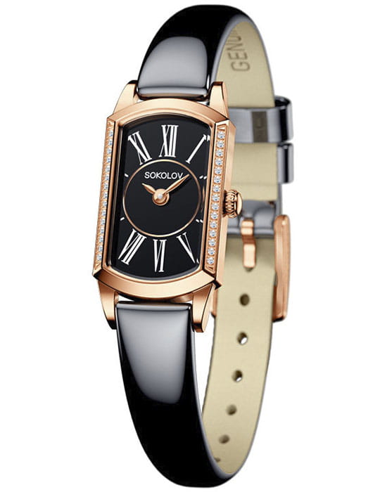 Sokolov 222.01.00.001.03.05.3  222.01.00.001.03.05.3 кварцевые женские часы черный циферблат, браслет кожаный — вид спереди