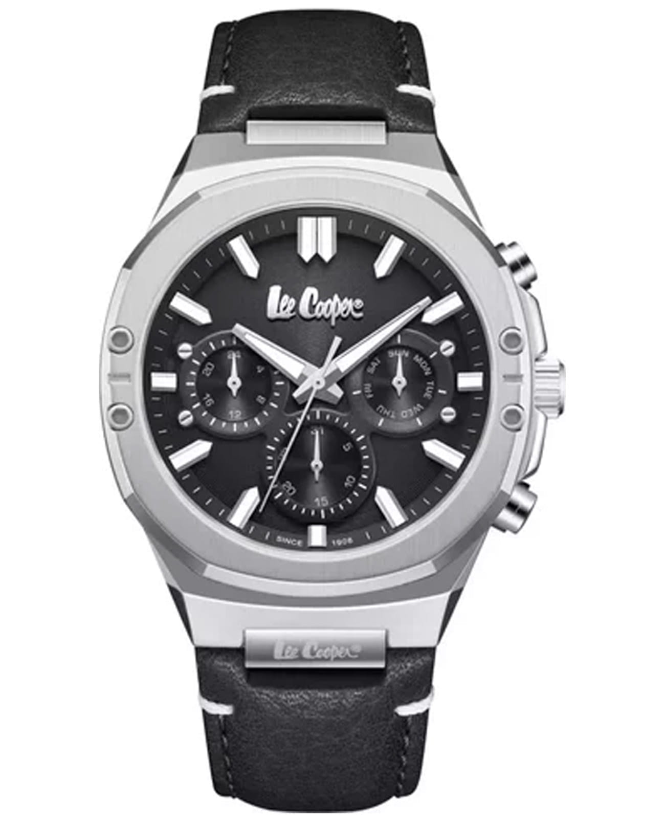 Lee Cooper Lee Cooper LC07992.351  LC07992.351 кварцевые мужские часы черный циферблат, браслет кожаный — вид спереди