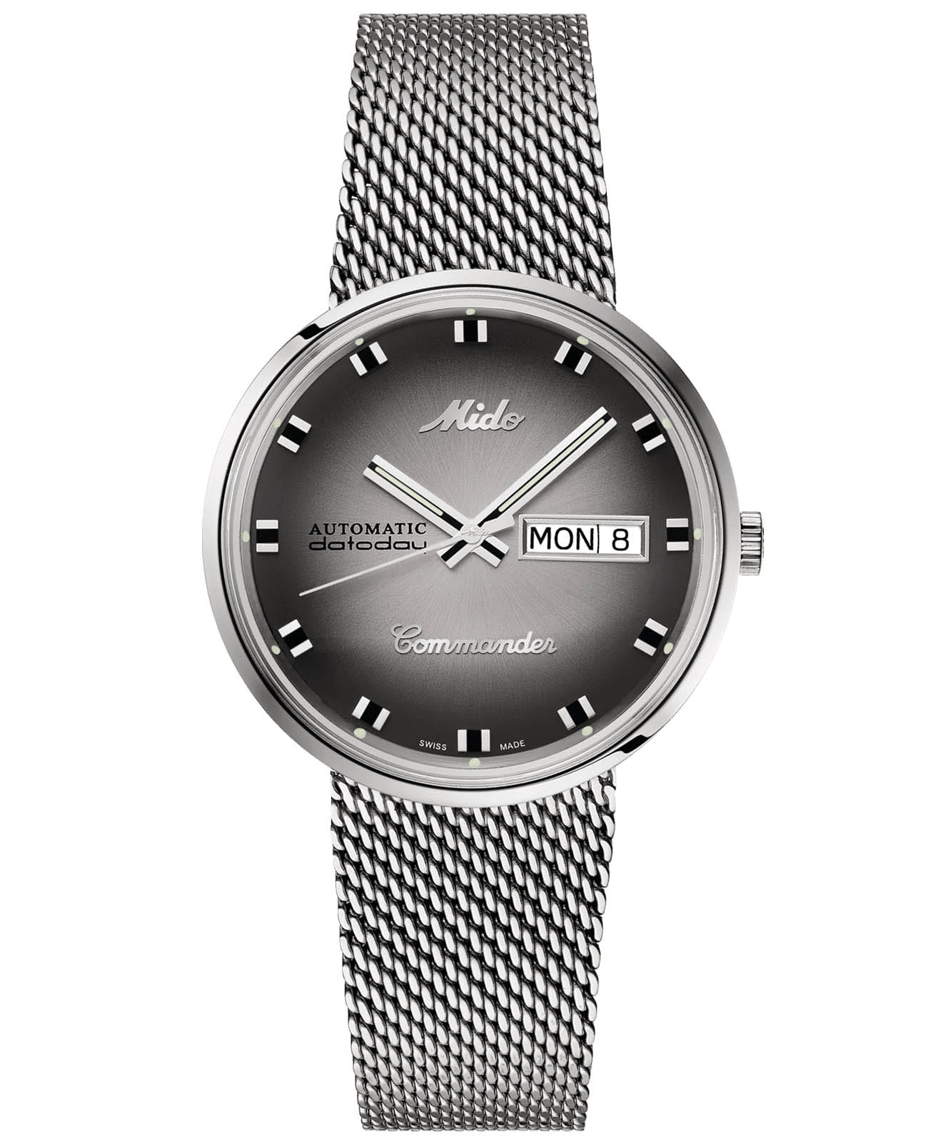 Mido Mido Commander Shade M8429.4.27.11  M842942711 механические мужские часы серебристый циферблат, браслет нержавеющая сталь — вид спереди