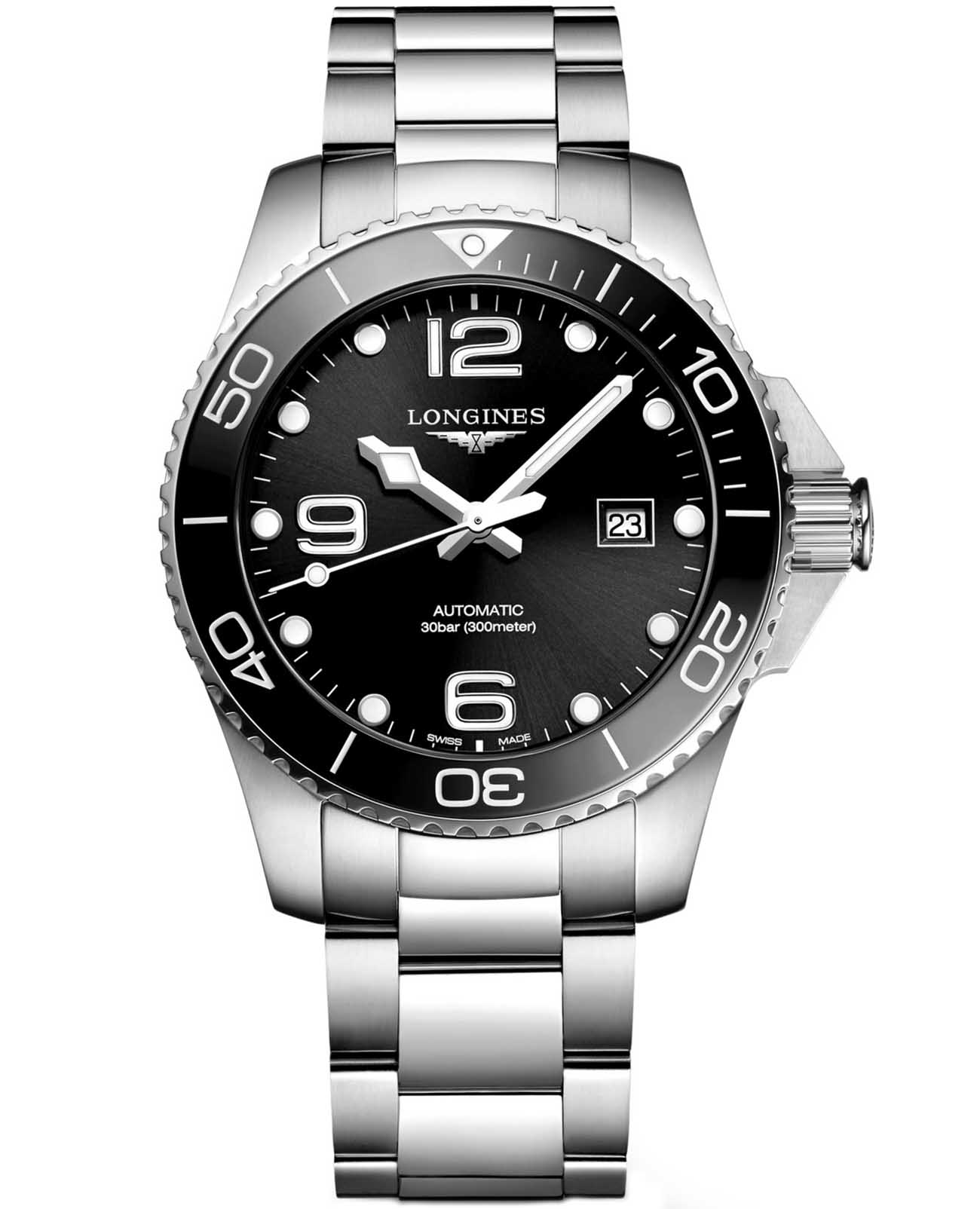 Longines Longines HydroConquest L3.782.4.56.6  L37824566 механические мужские часы черный циферблат, браслет нержавеющая сталь — вид спереди